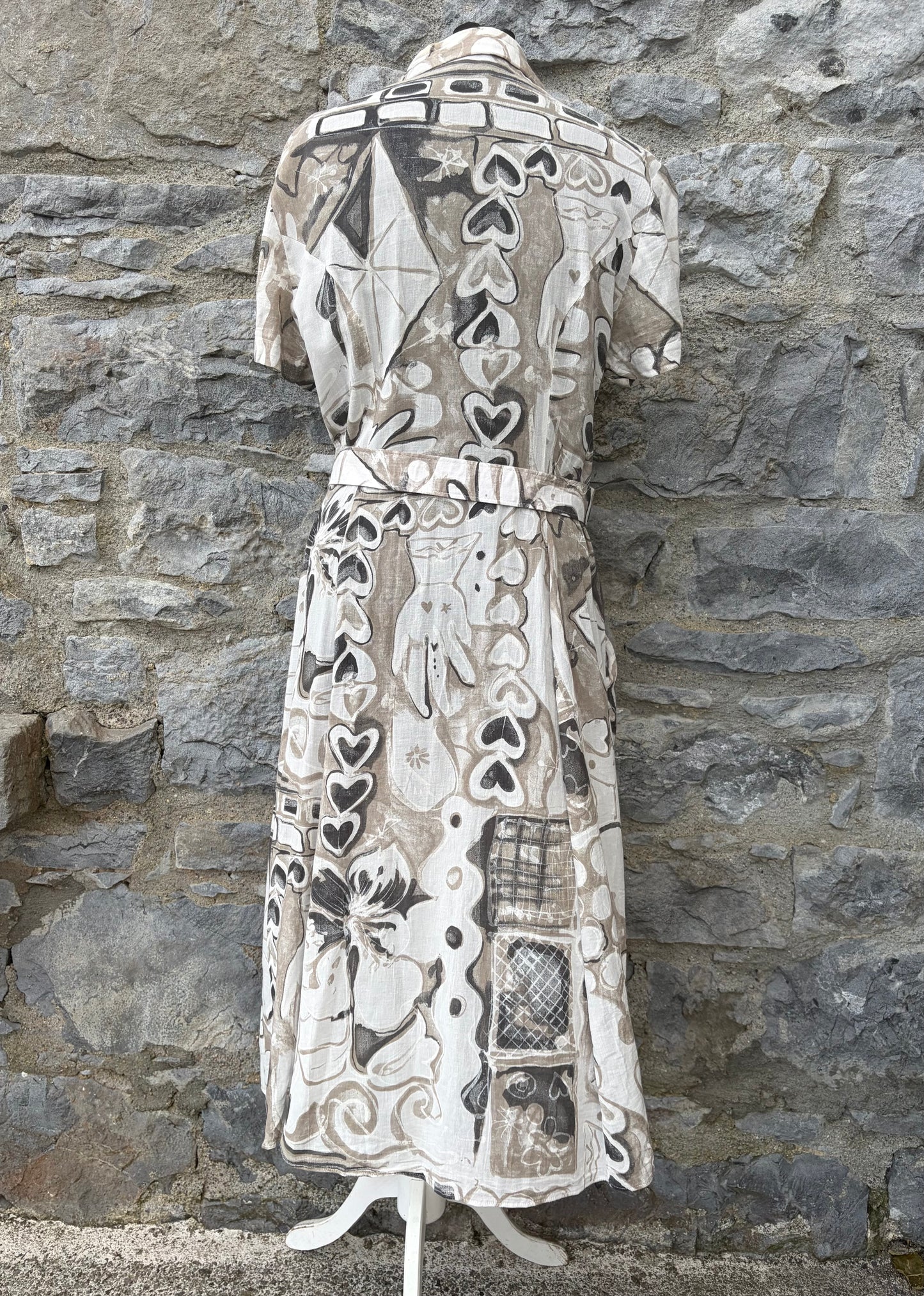 80s brown&white abstract dress uk 12