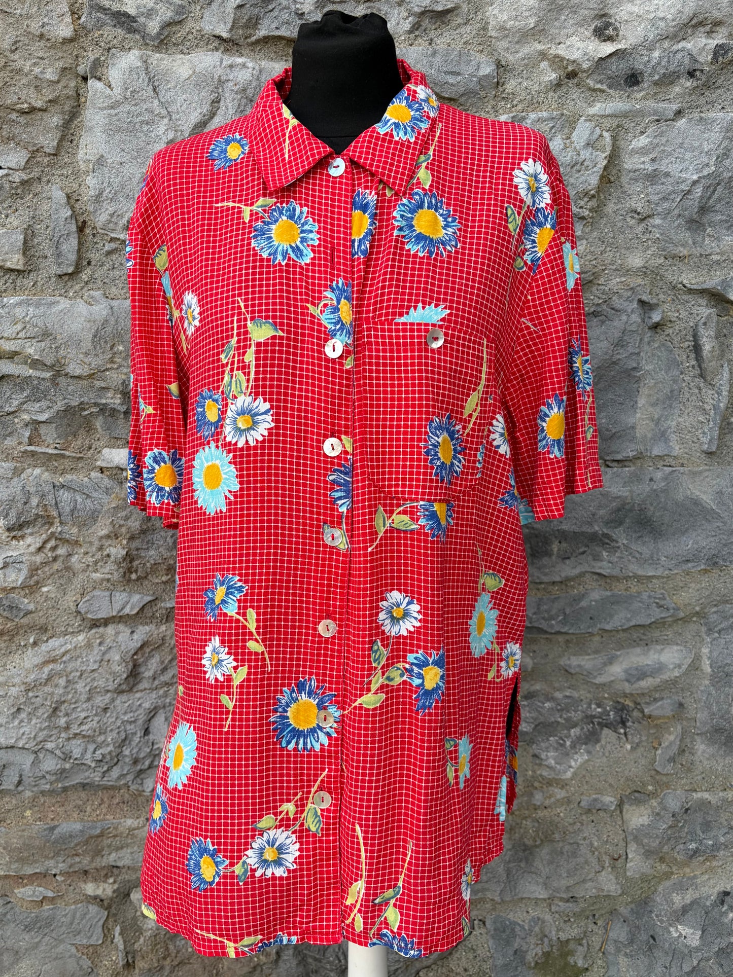 90s red check floral shirt uk 14
