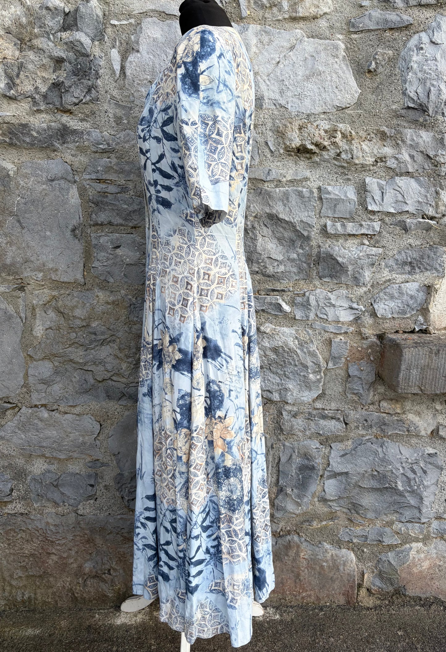 80s blue abstract button up dress uk 8-10