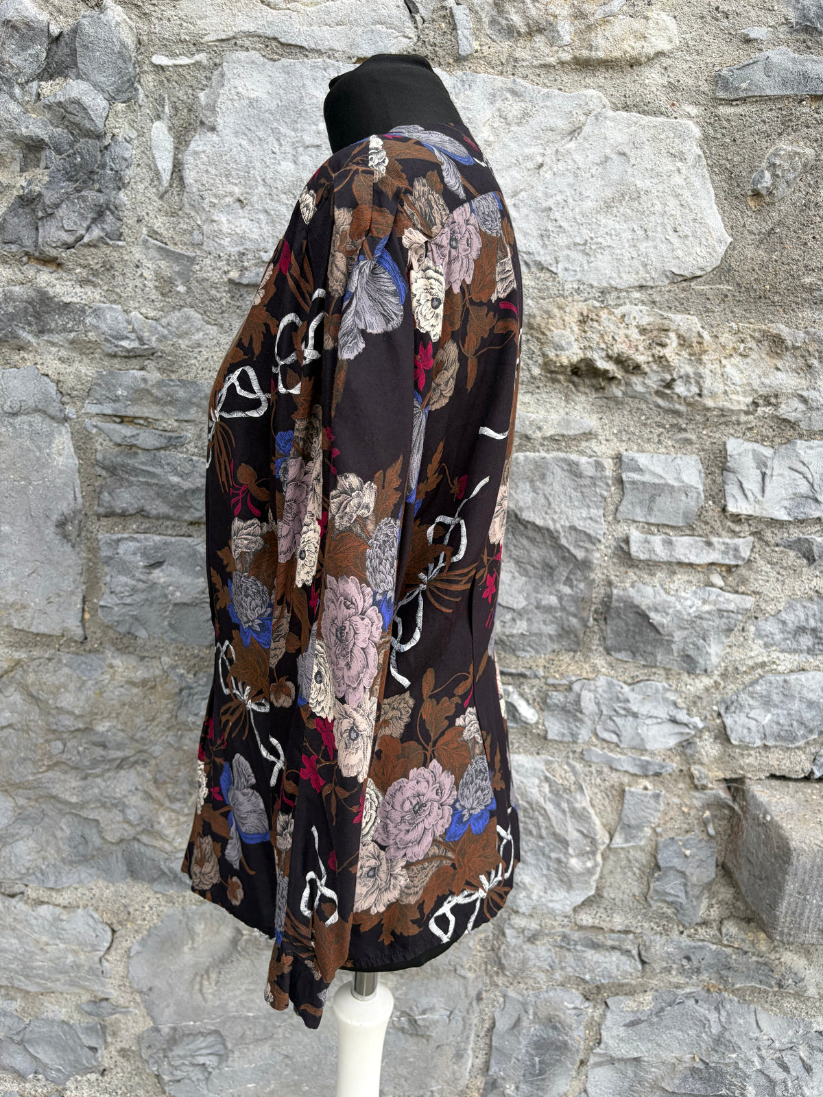 80s brown floral&ribbon print blouse uk 8