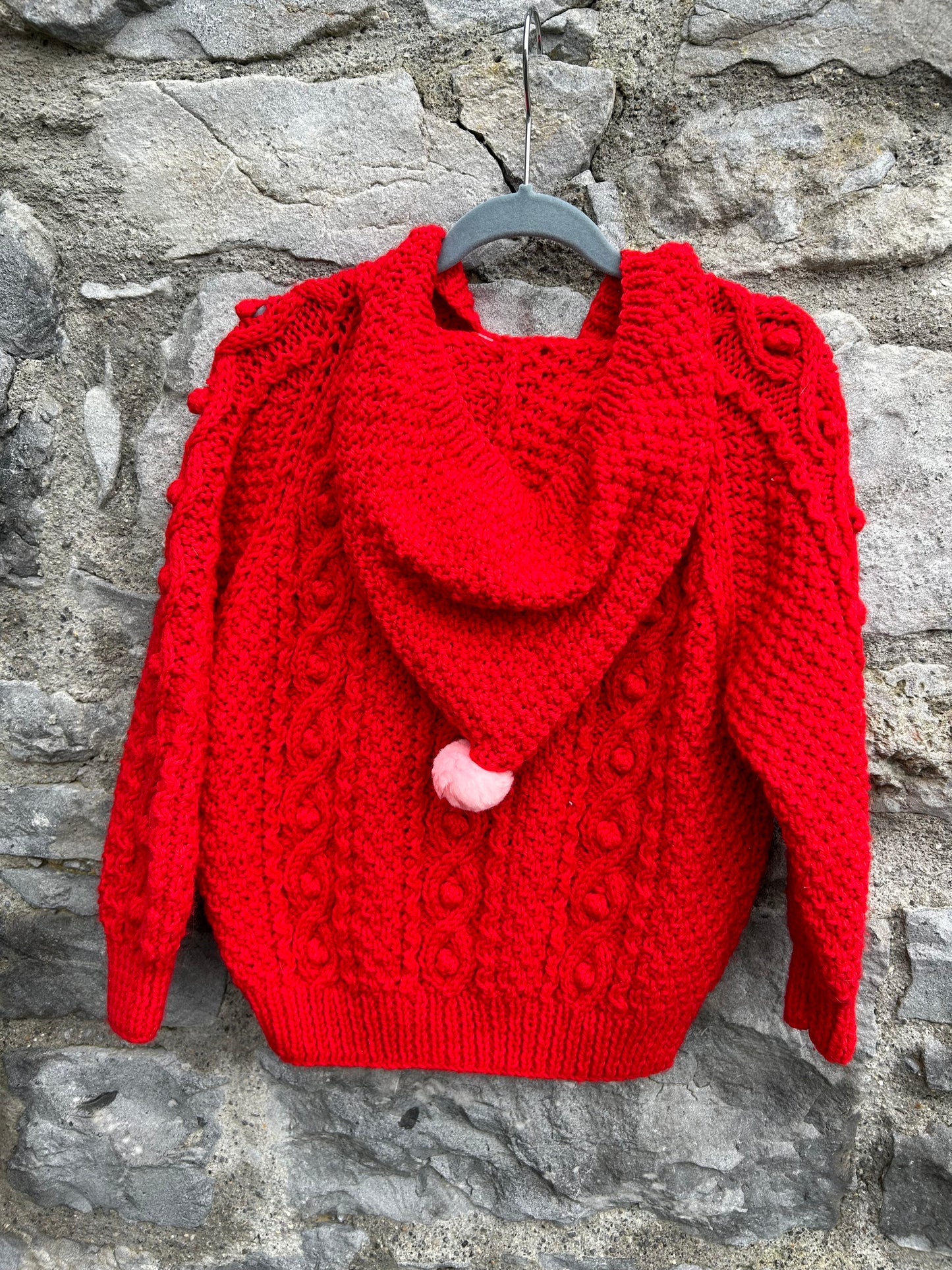 Red Aran style hooded cardigan   5y (110cm)