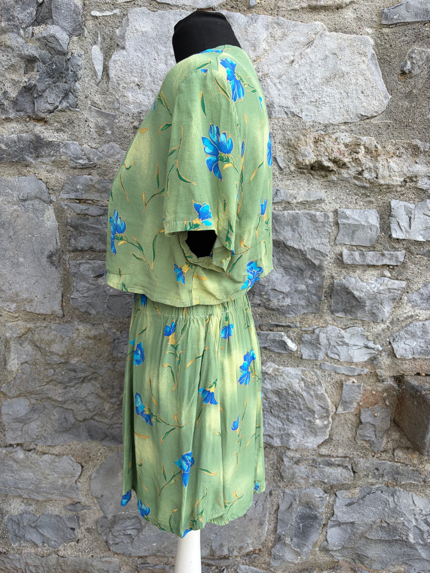 80s blue flowers green blouse&skirt uk 8-10