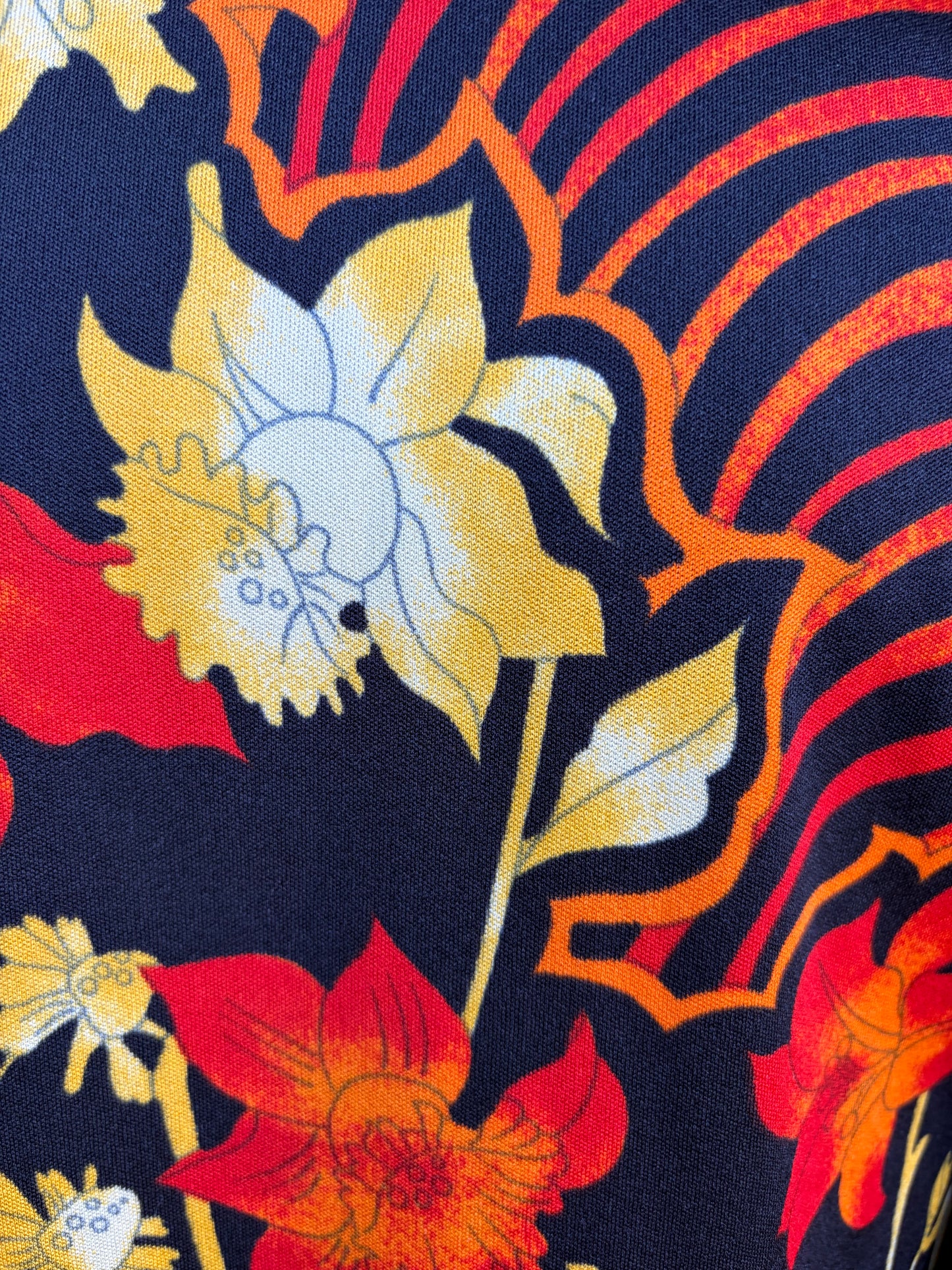 80s red&yellow floral black dress uk 12