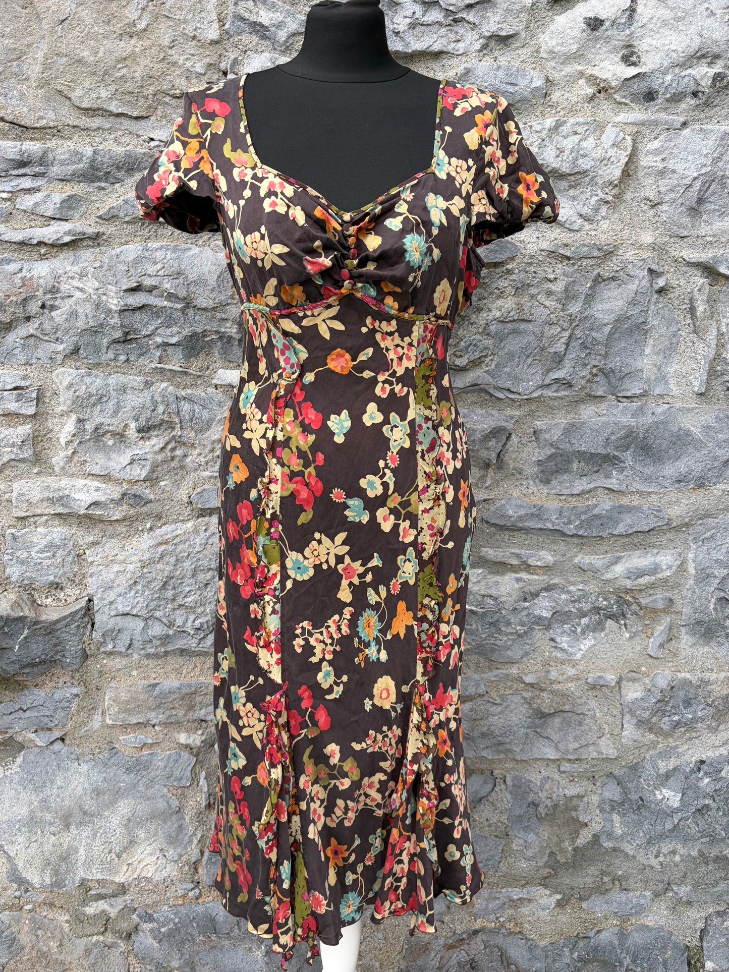 Y2K brown floral silk dress uk 8-10