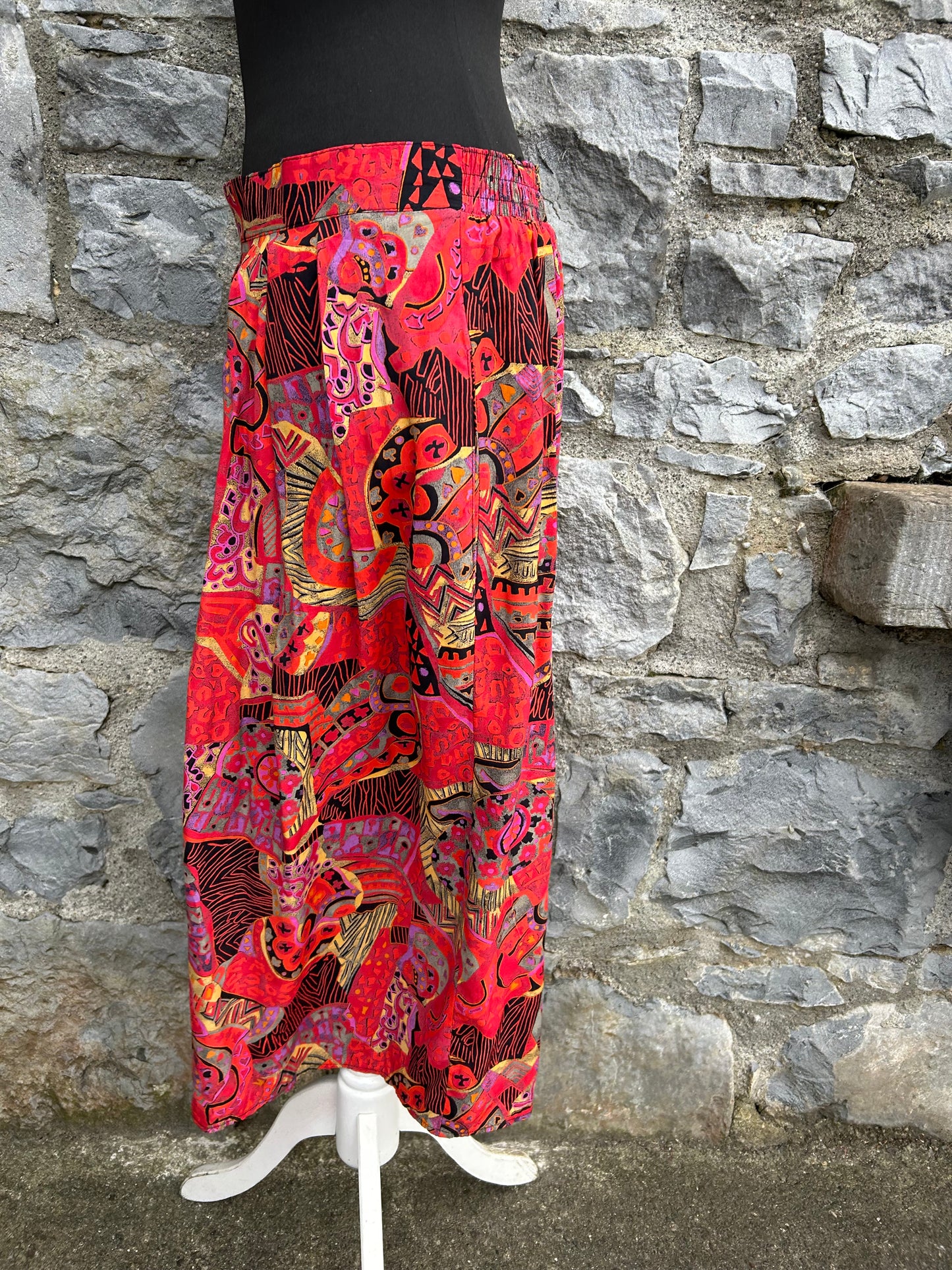 80s abstract red midi skirt uk 14-16