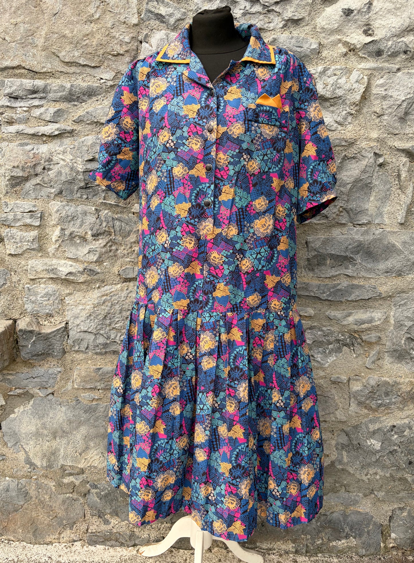 80s blue floral dropped waist dress uk 12