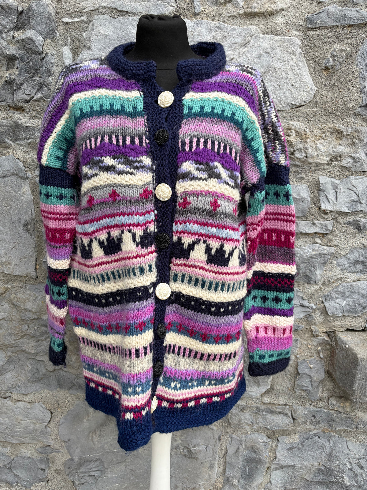 90s colourful stripy&geometric woolly cardigan uk 12-14