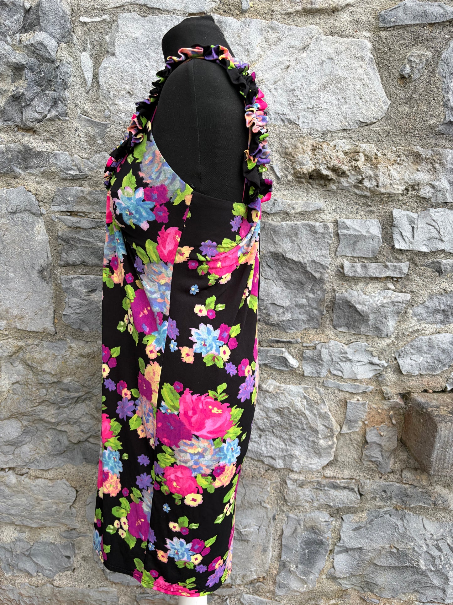 Y2K colourful flowers black dress uk 8-10
