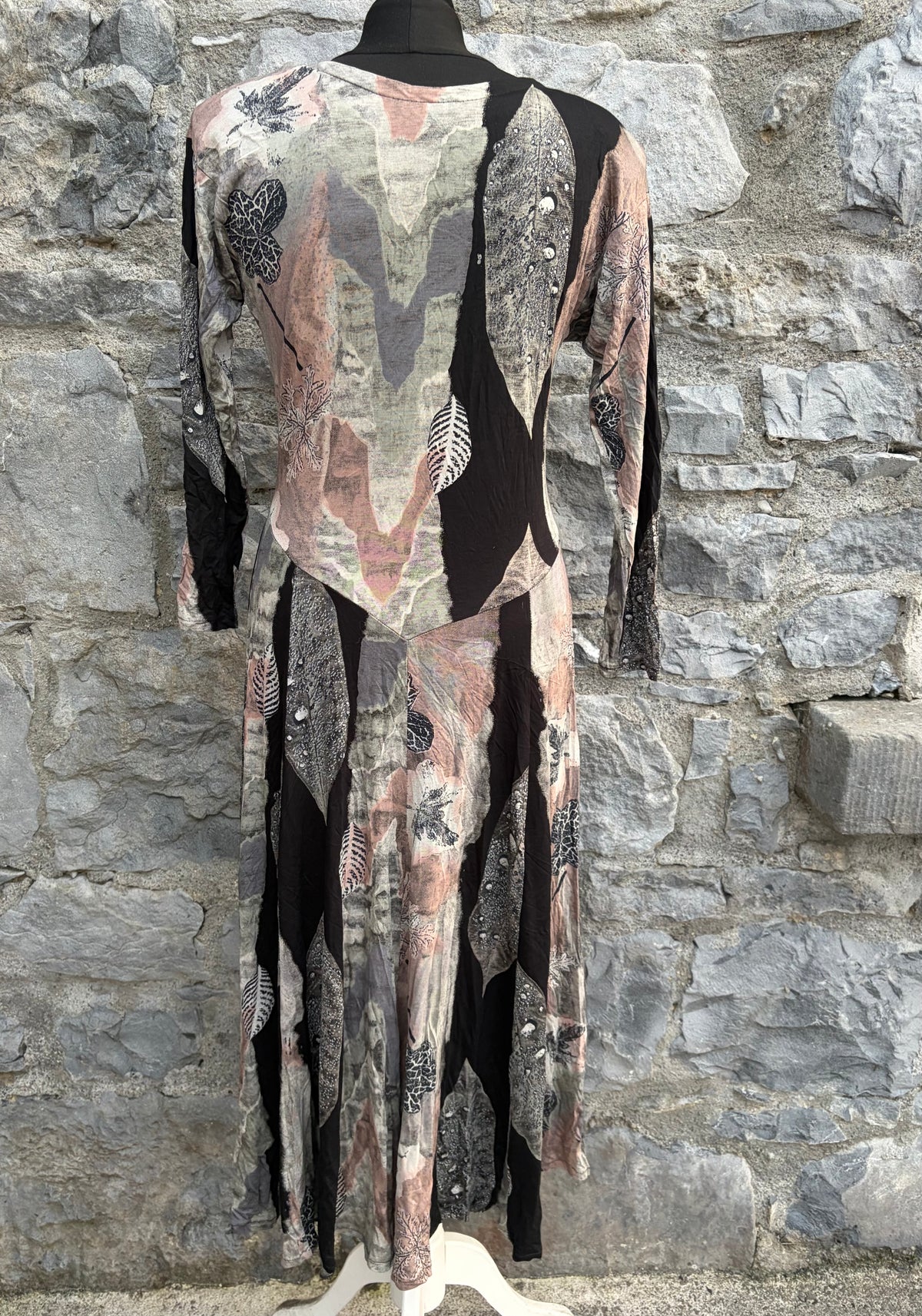 90s grey&pink botanical leaves dress uk 10-12