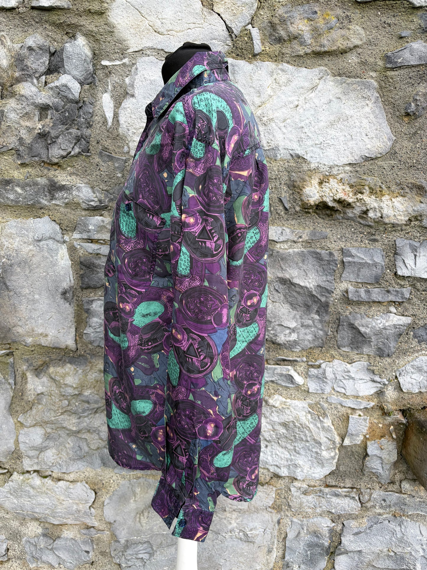 80s silk purple&teal print shirt Medium