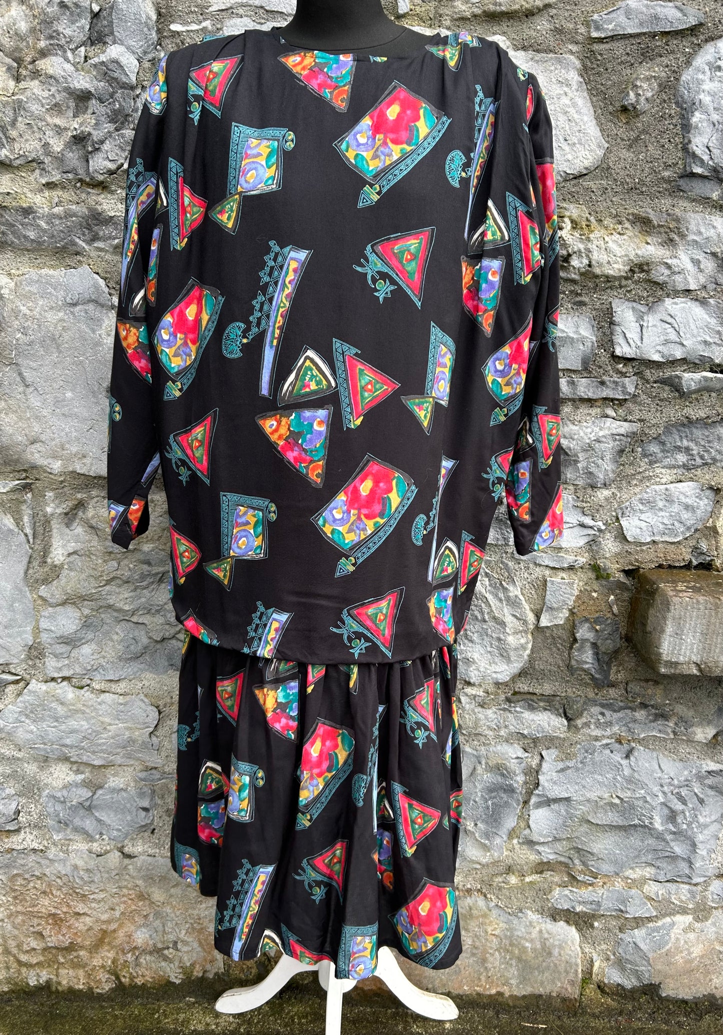 80s black geometric dress uk 14