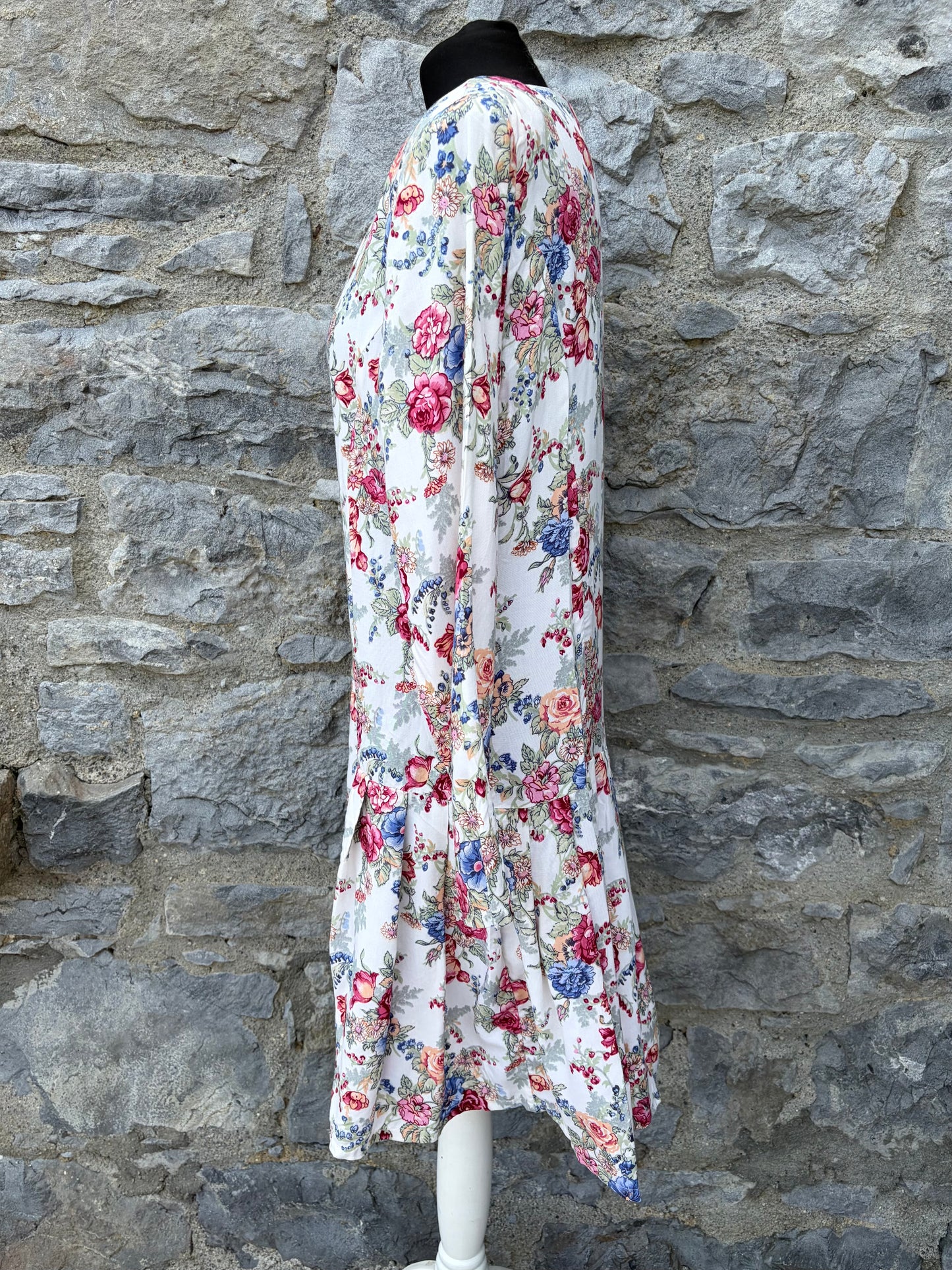 80s floral white drop-waist dress uk 12