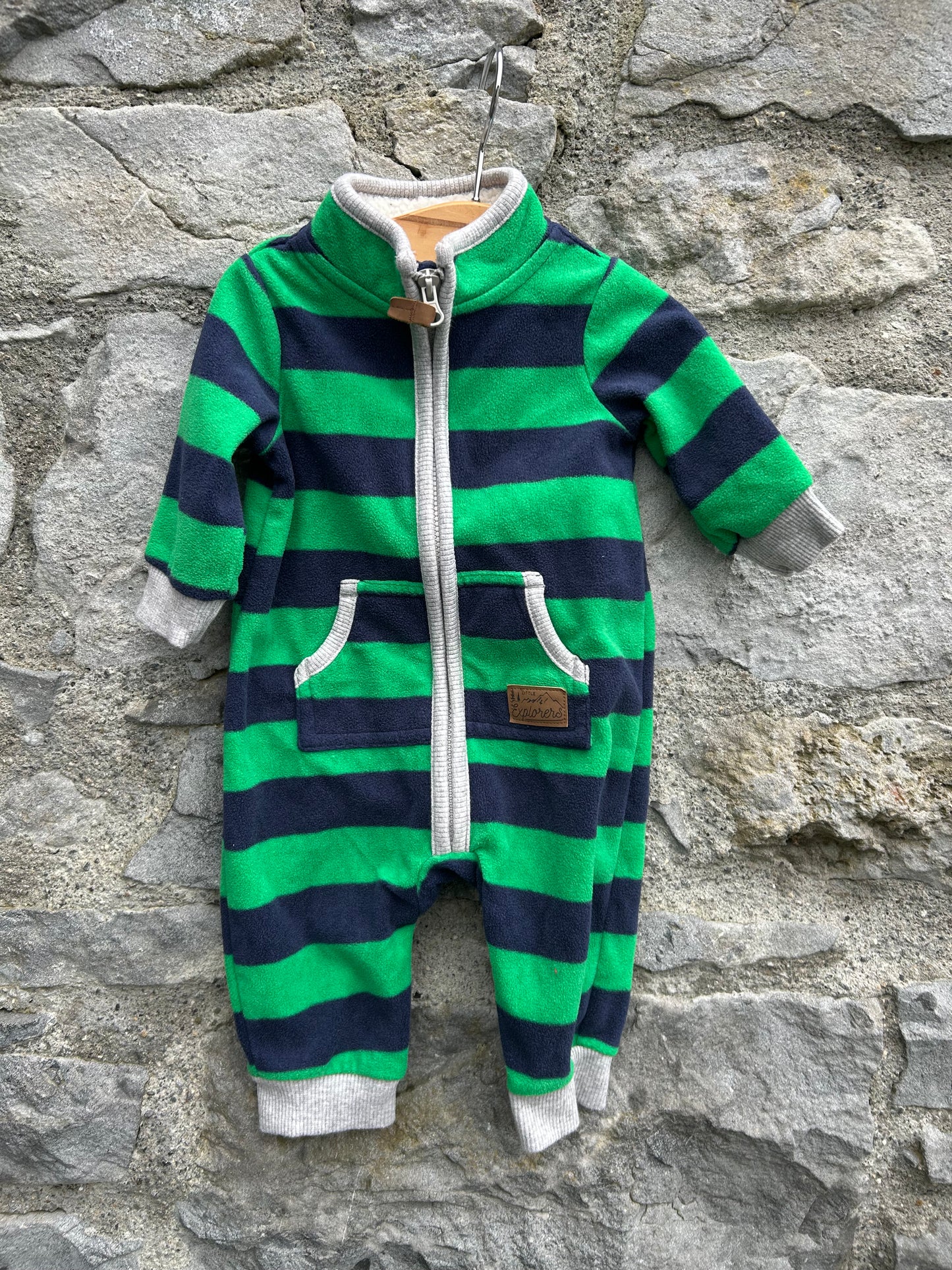 Green&navy stripy fleece onesie  0-3m (56-62cm)