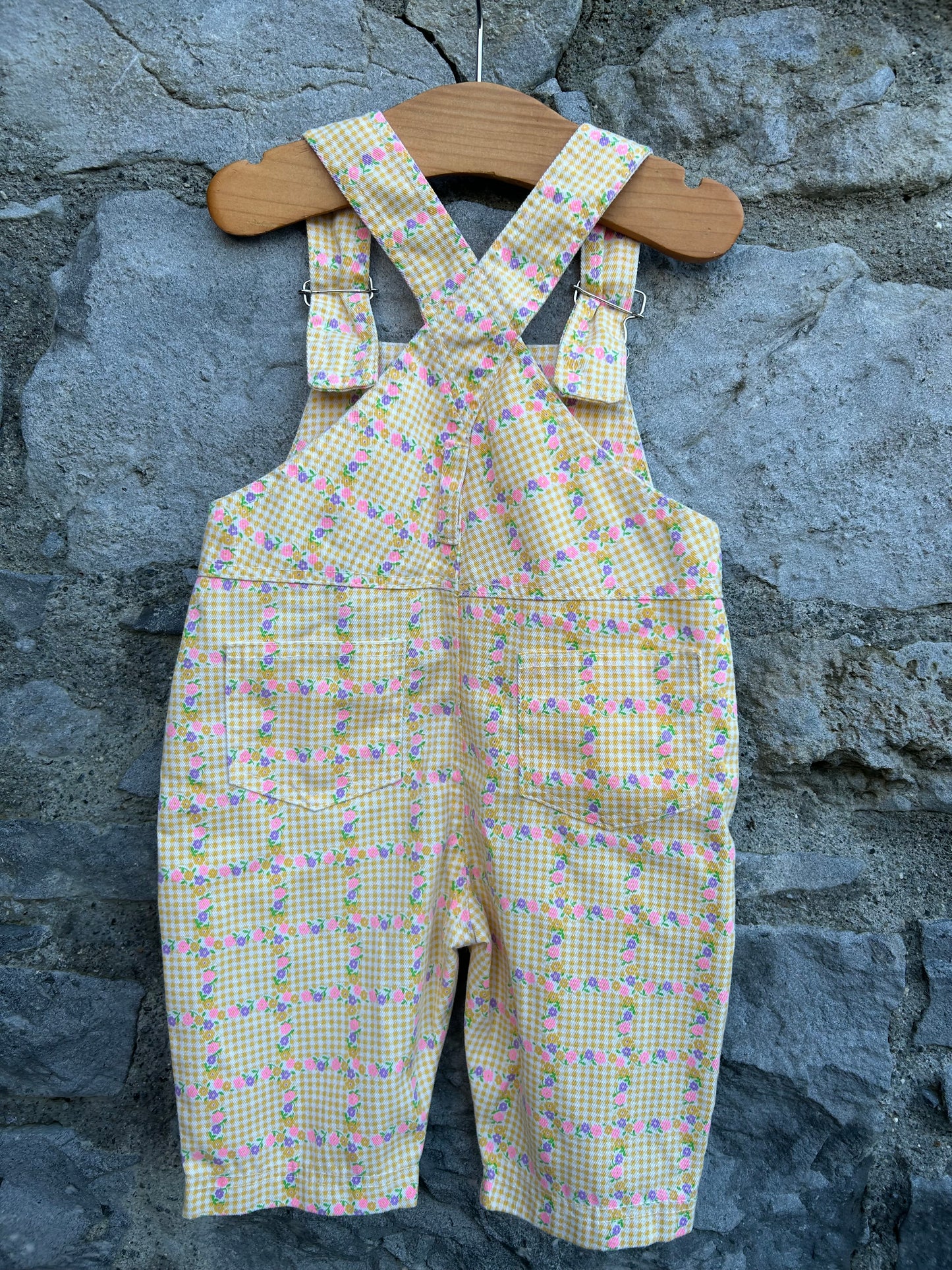 80s yellow check&flowers short dungarees   9-12m (74-80cm)