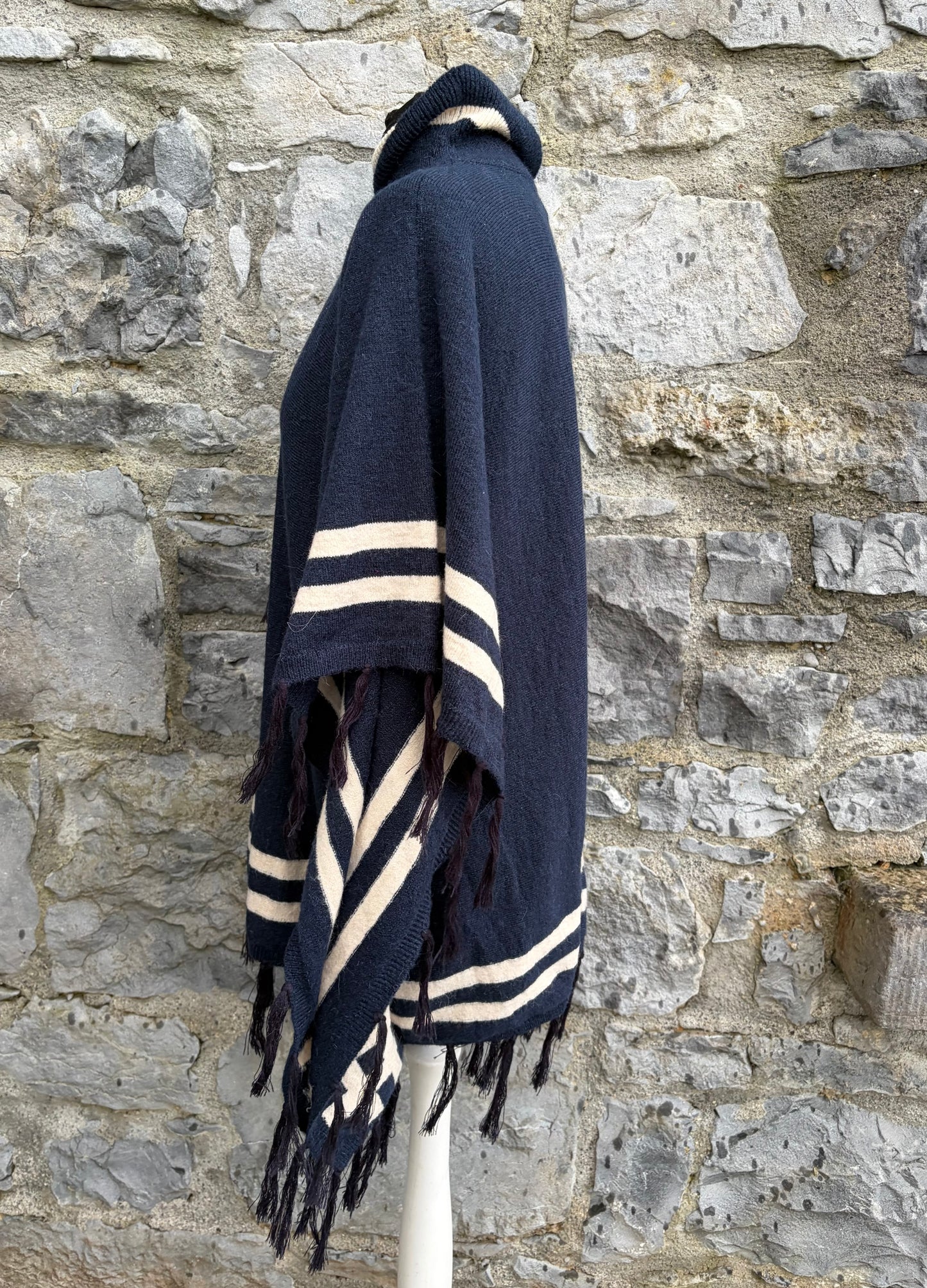 Navy Blanket Tassel Knitted Poncho