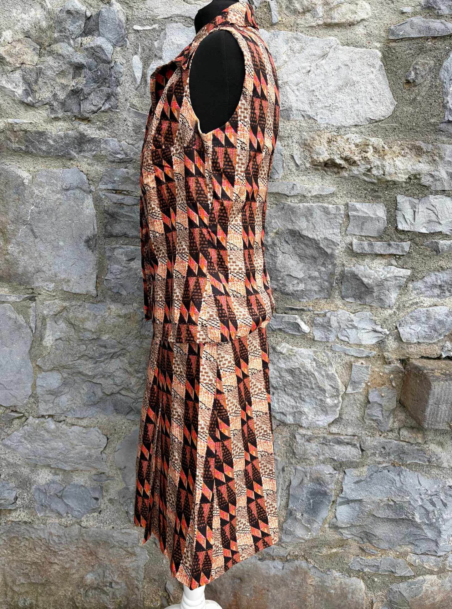 80s Brown&beige top&skirt uk 8-10