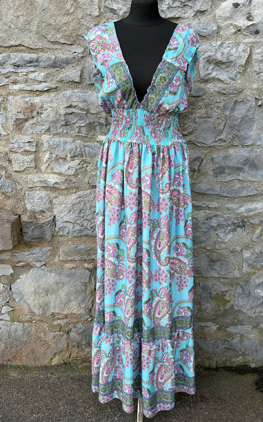 Blue floral maxi silk dress 10-12