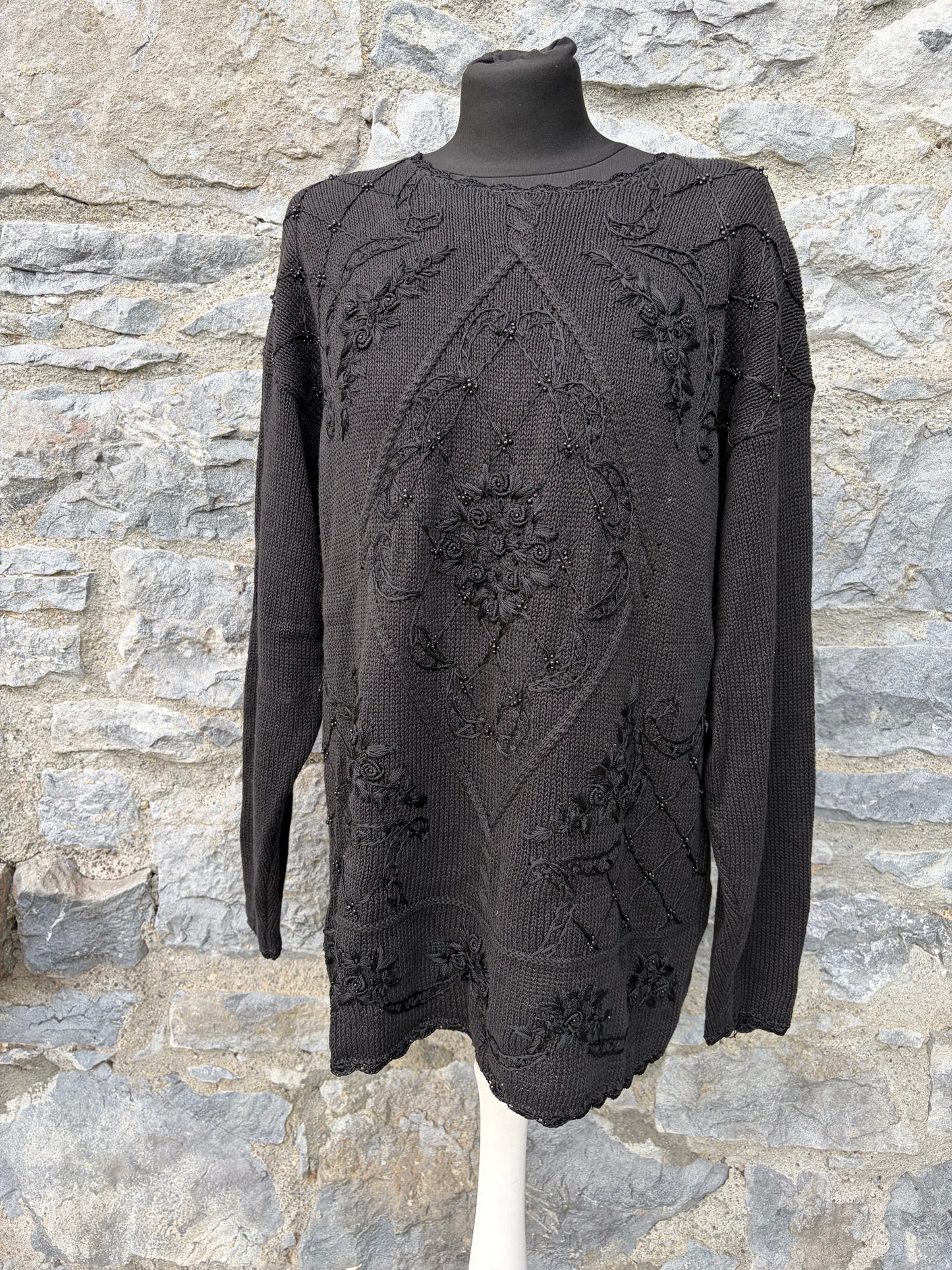 80s black embroidered long jumper uk 14