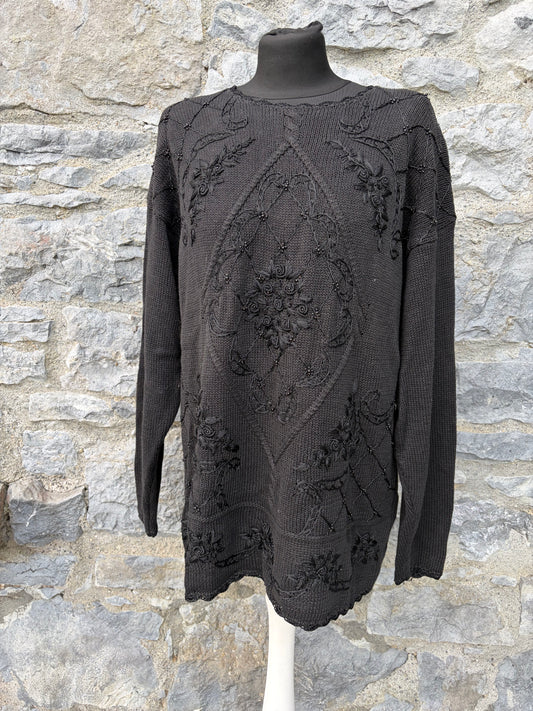 80s black embroidered long jumper uk 14