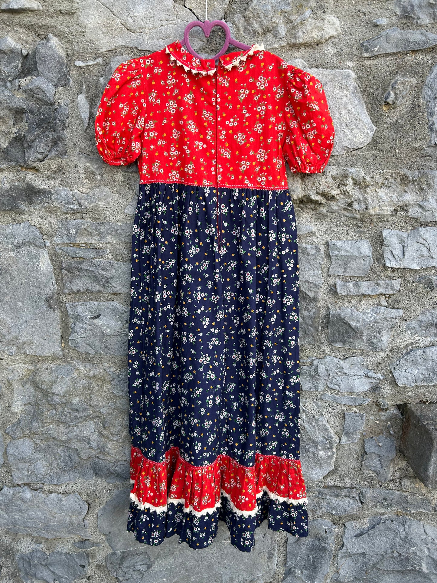 70s red&black floral dress  9-10y (134-140cm)