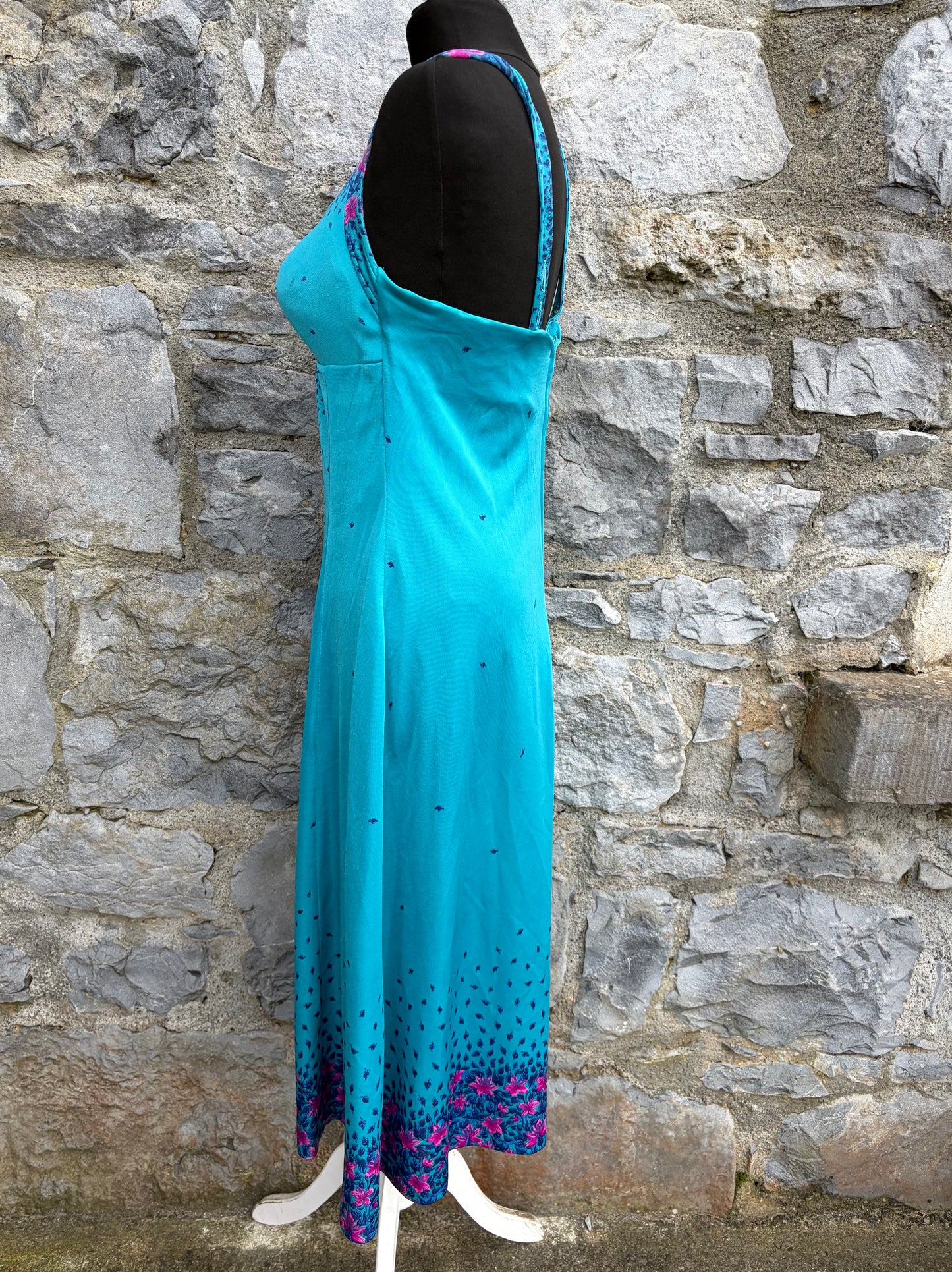 70s turquoise&pink floral dress uk 8-10