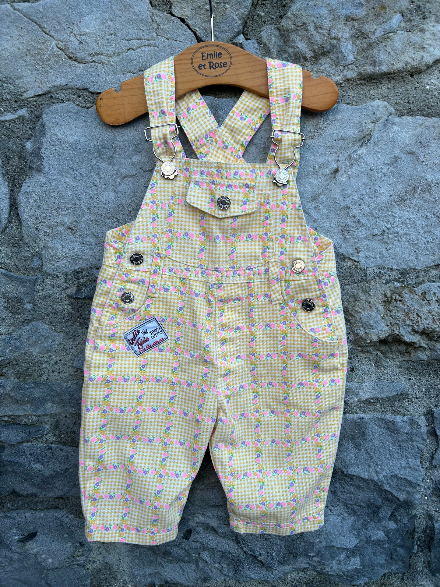 80s yellow check&flowers short dungarees   9-12m (74-80cm)