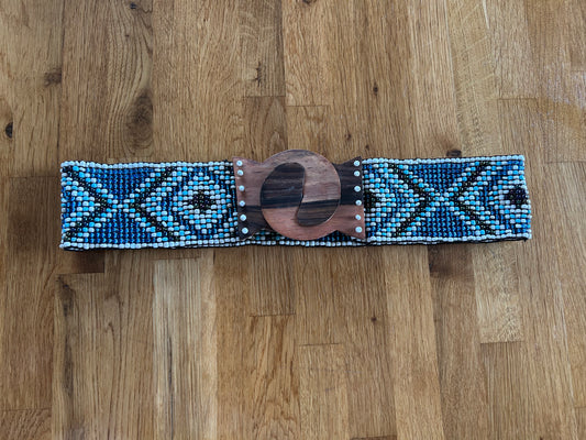 Blue geometric beaded belt