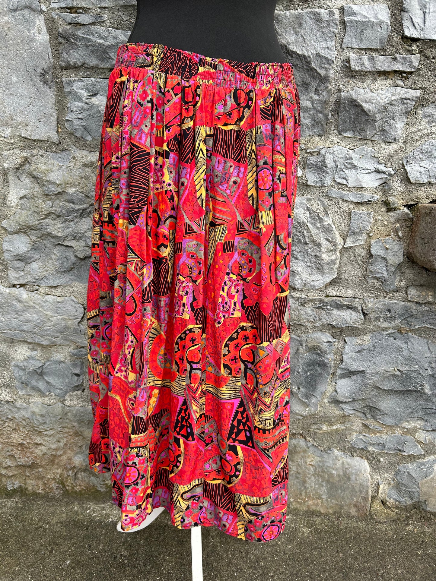 80s abstract red midi skirt uk 14-16