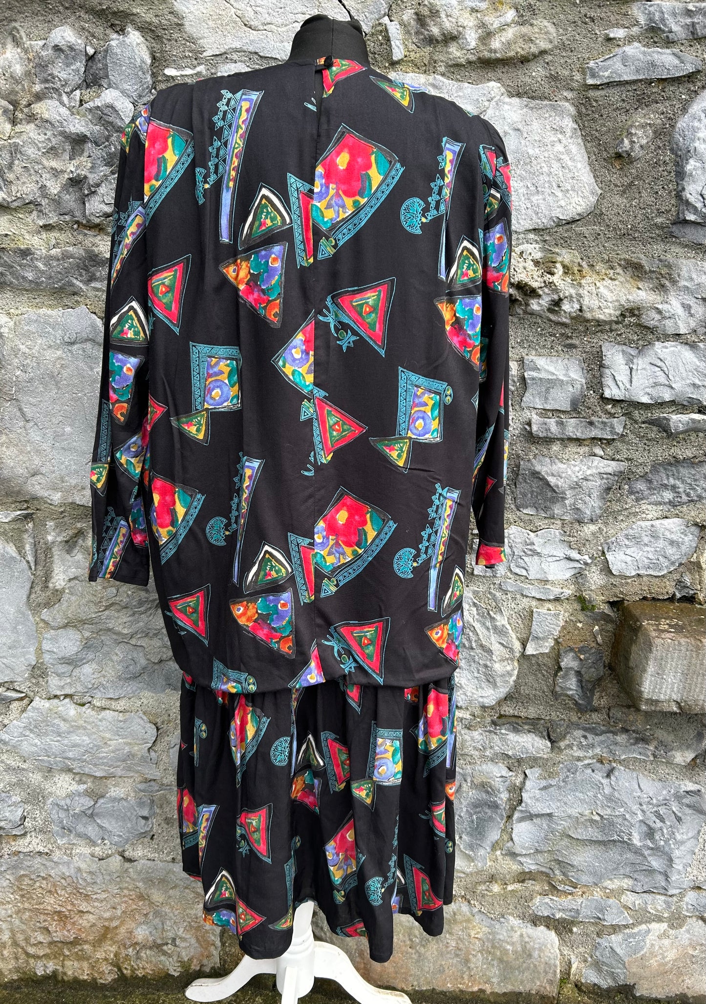 80s black geometric dress uk 14