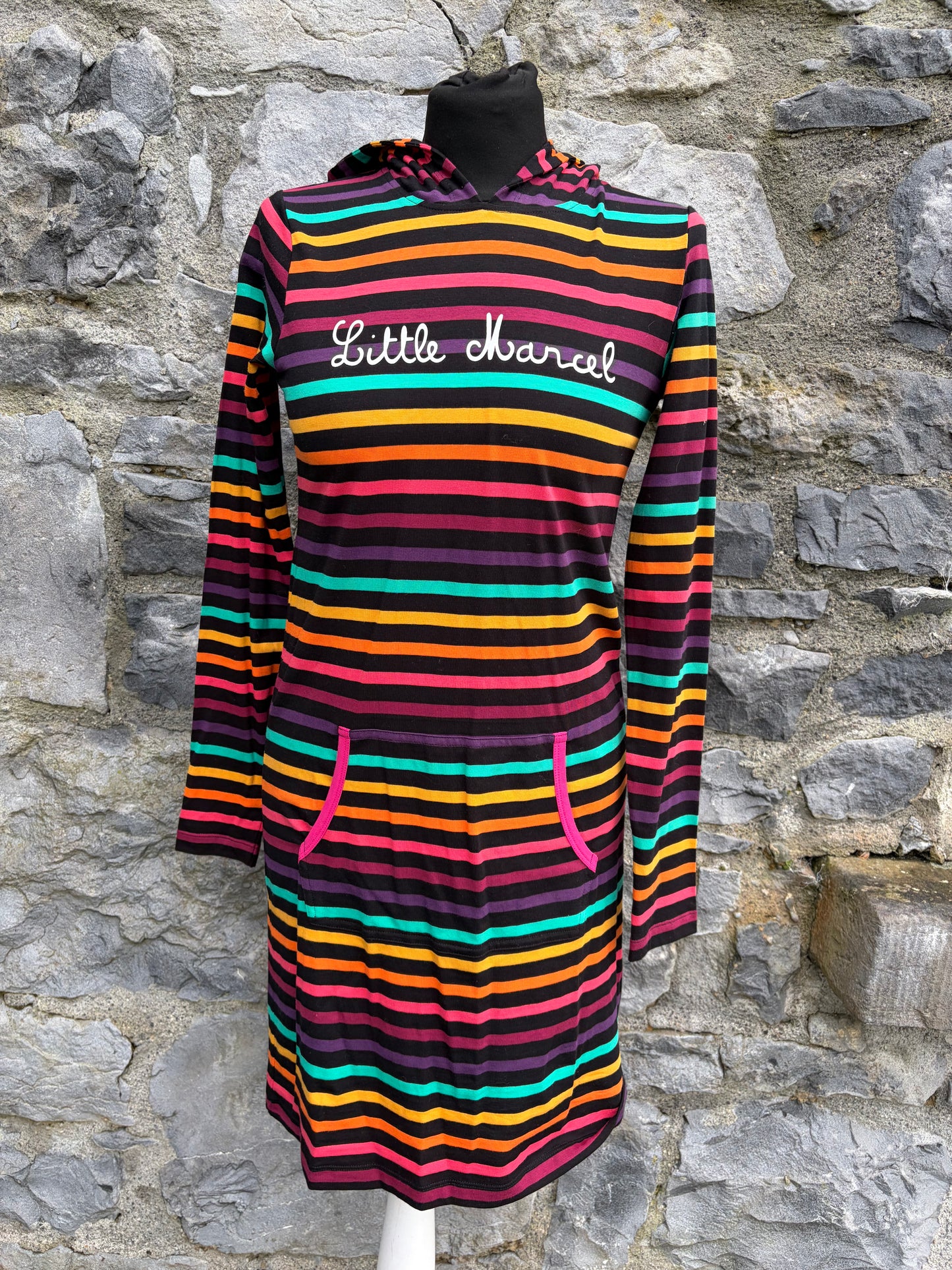 Rainbow stripy hooded dress 14y (164cm)