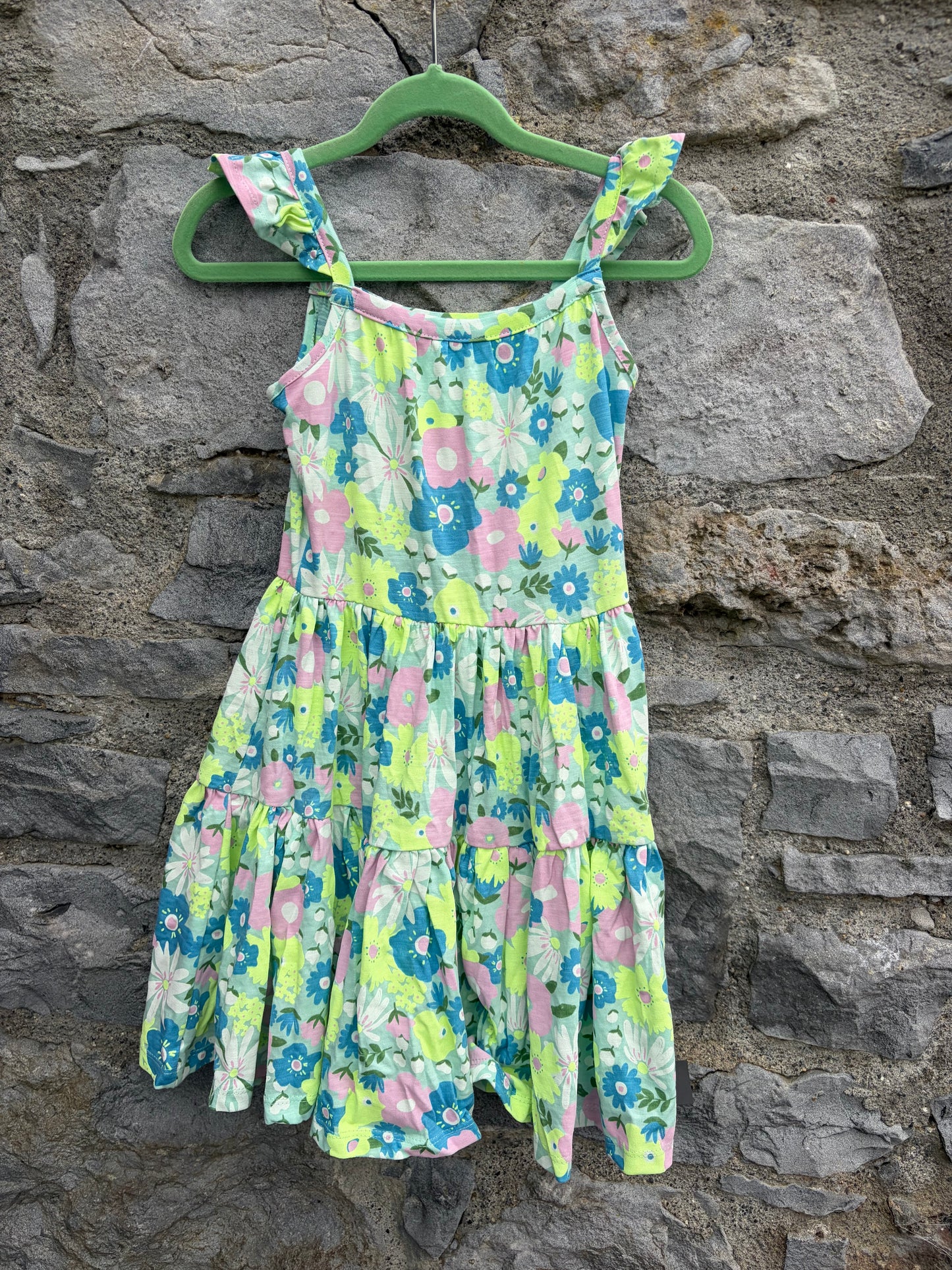 Green&teal flowers tiered dress  3-4y (98-104cm)