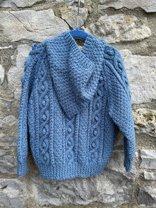 Blue hooded Aran style cardigan   4-5y (104-110cm)