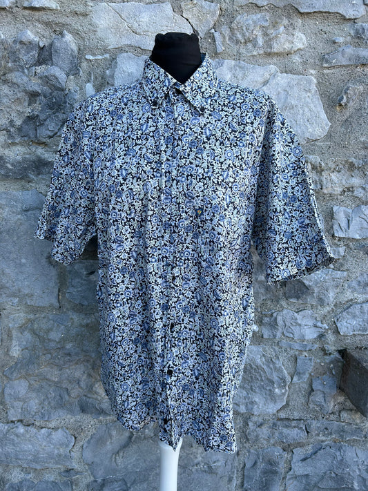 90s blue botanical shirt S/M