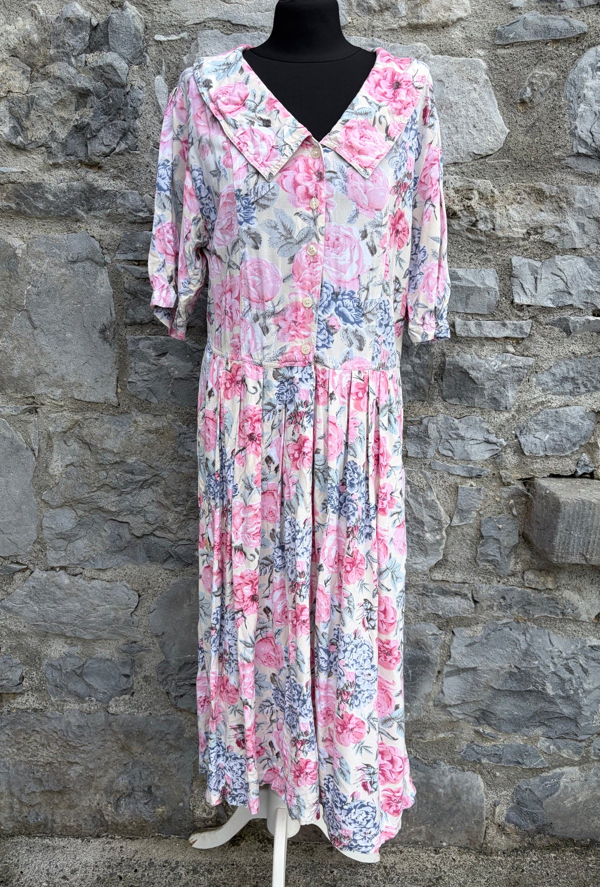 80s pink floral big collar dress uk 12