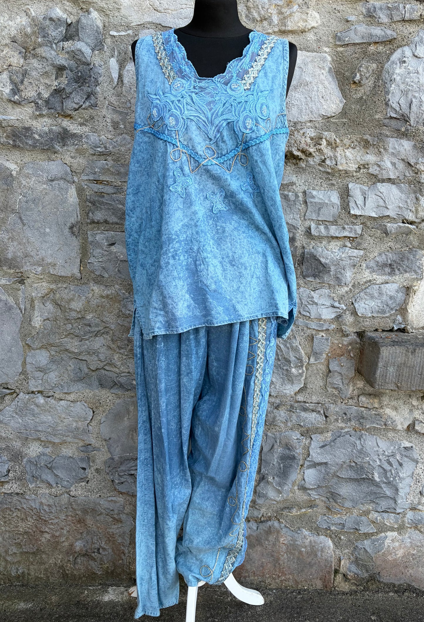 90s blue 3 piece acid wash&lace suit uk 12