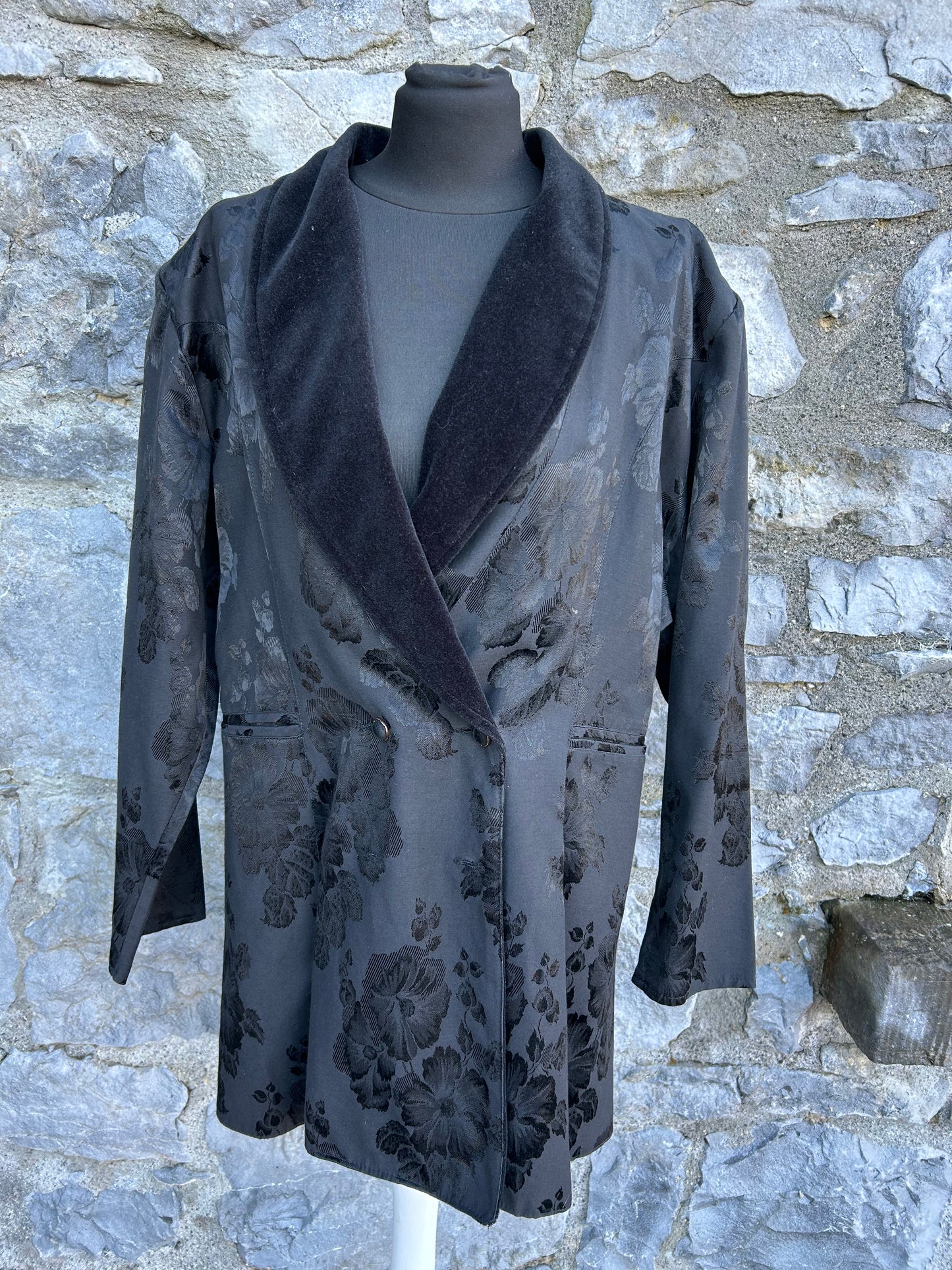 80s black floral long jacket uk 14-16