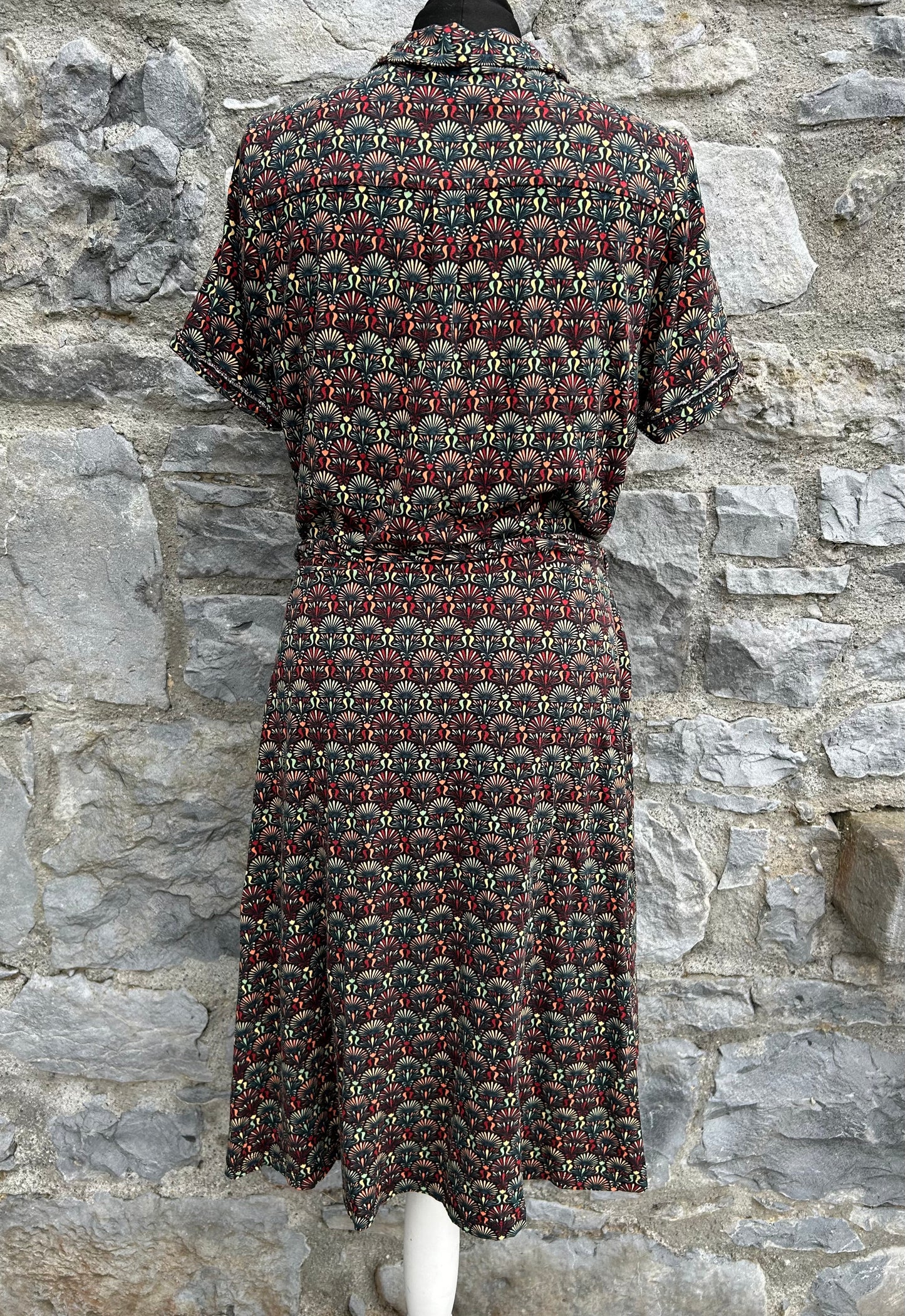 Fan print brown button down dress uk 12