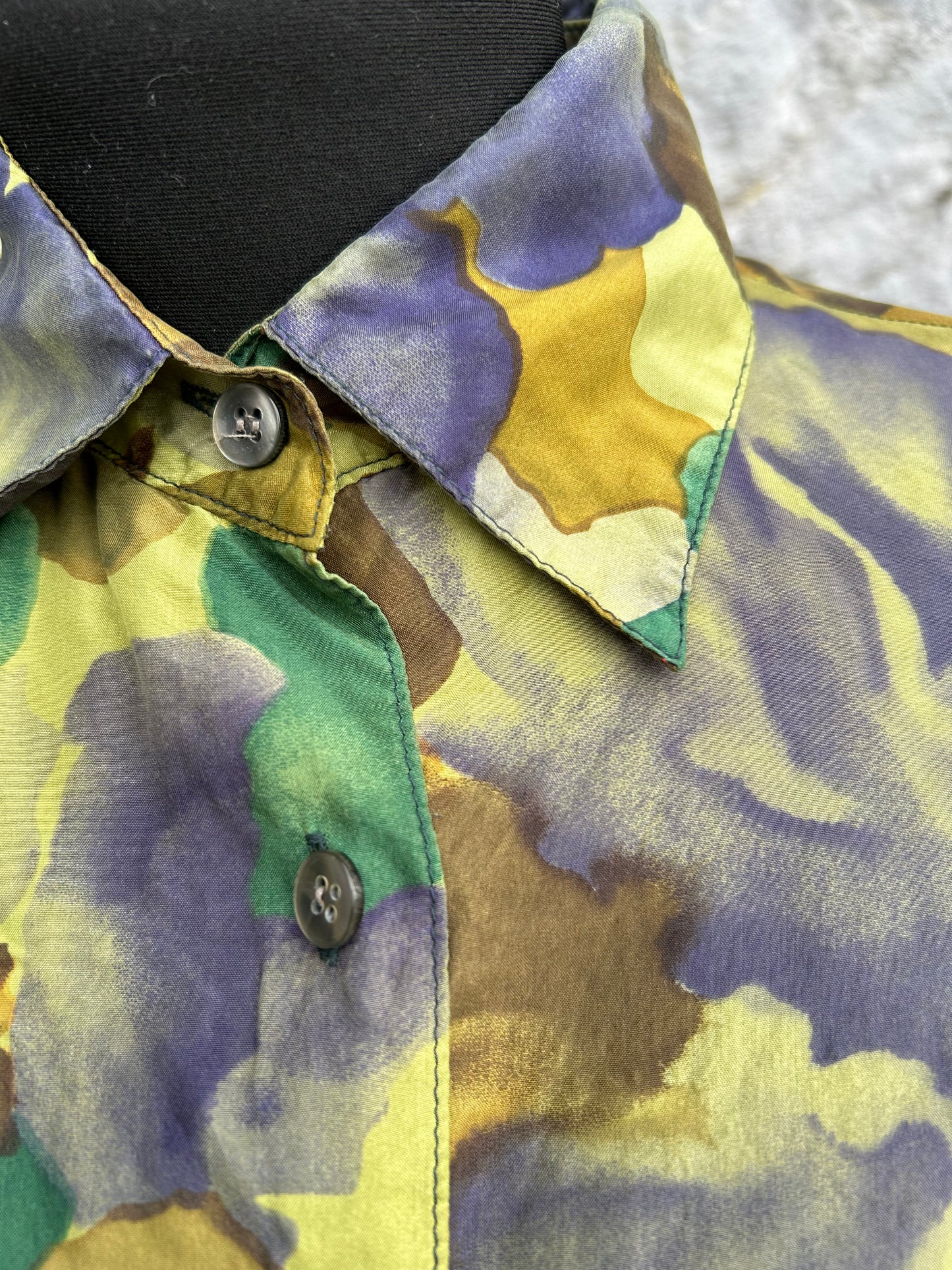 80s Green floral silk blouse uk 12-14