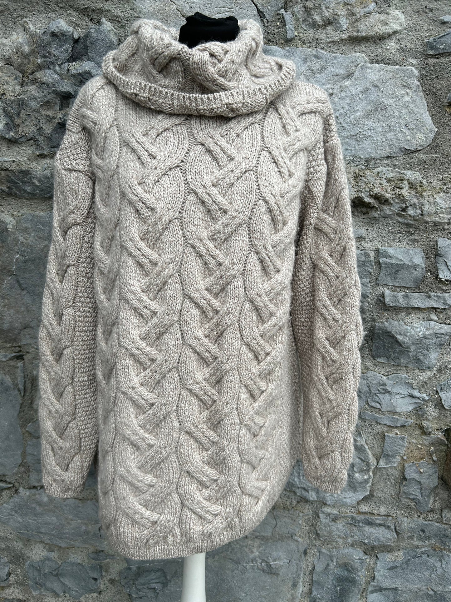 Aran Cowl Neck Chunky Sweater Oatmeal Large