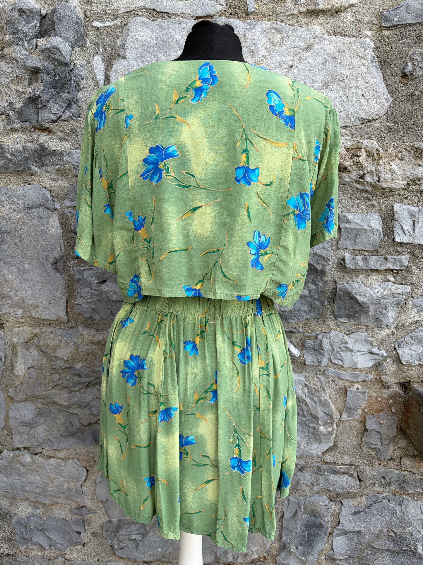 80s blue flowers green blouse&skirt uk 8-10