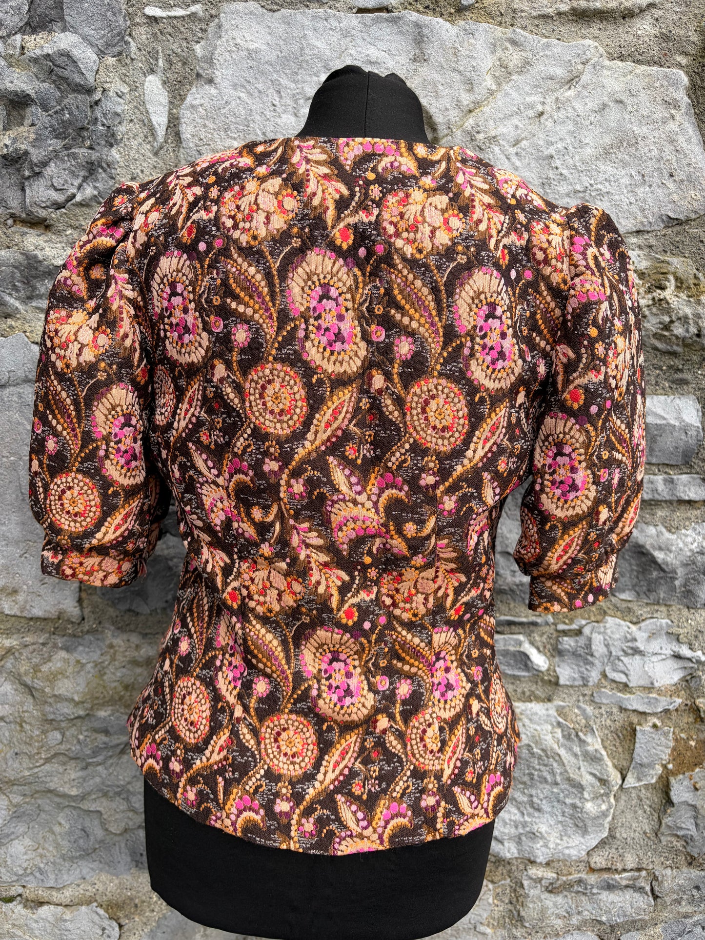 70s brown paisley ball buttons top uk 6-8