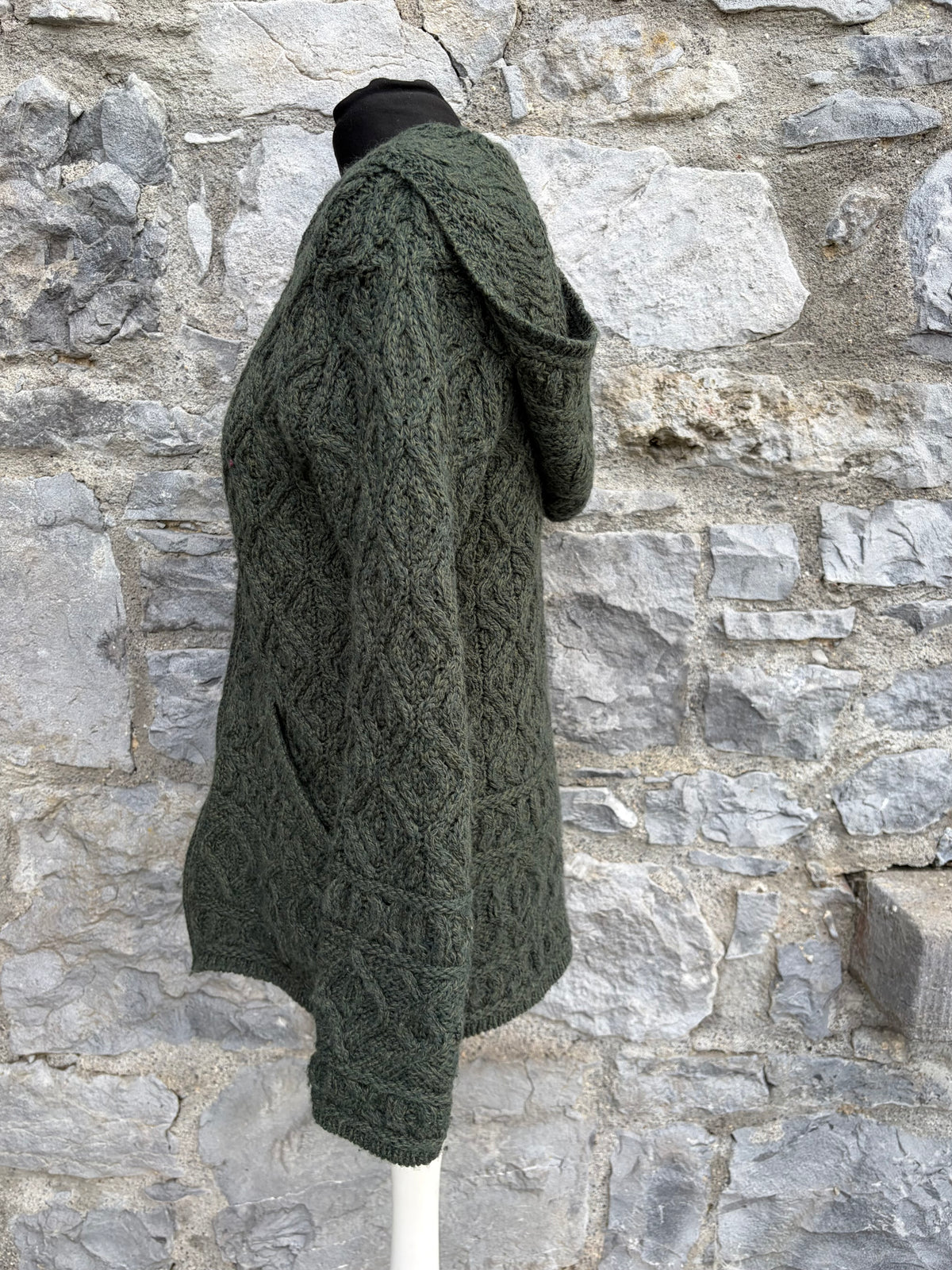 Dark green Aran style hooded cardigan uk 8-10