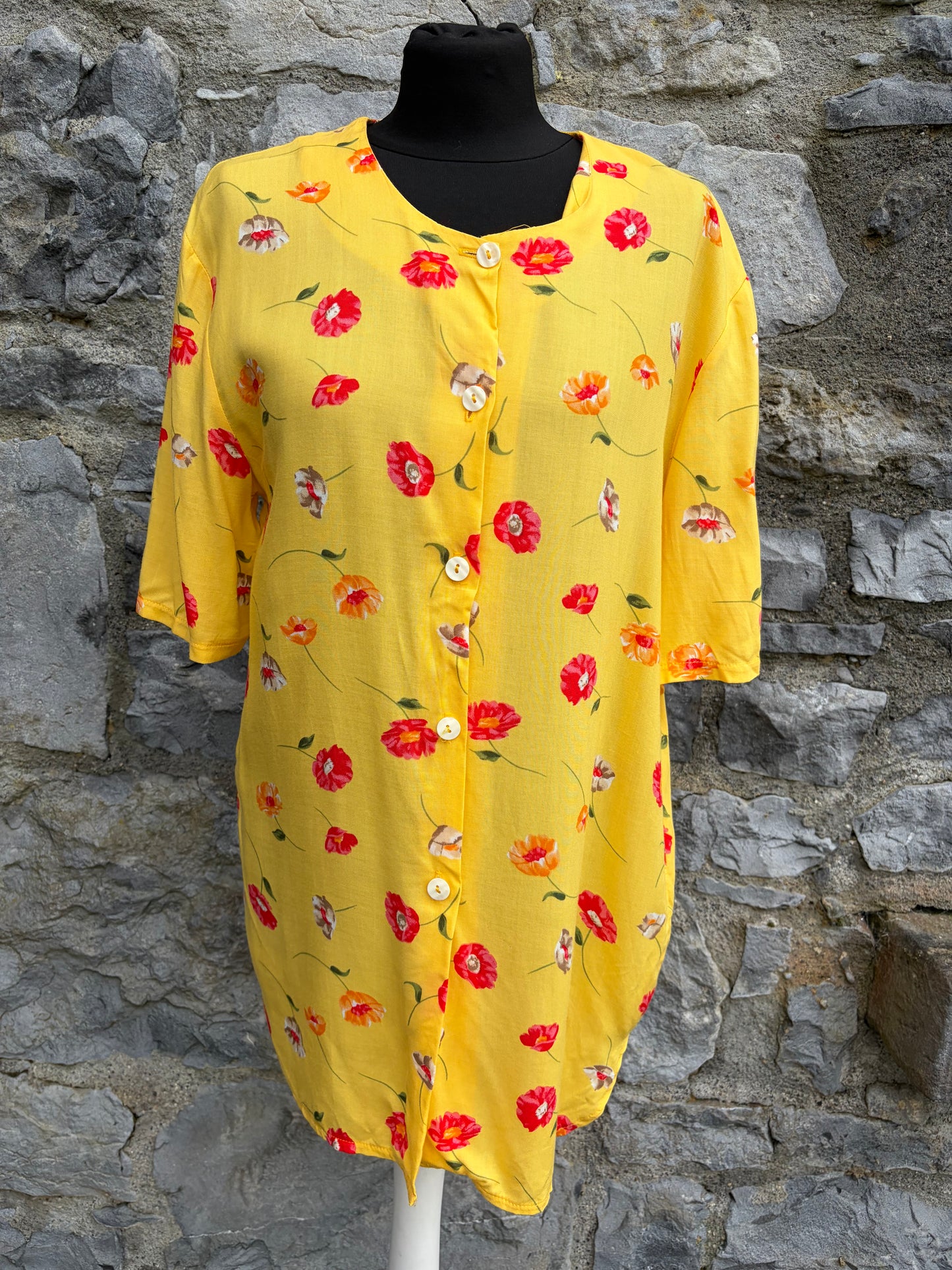 90s red flowers yellow shirt UK 10-12