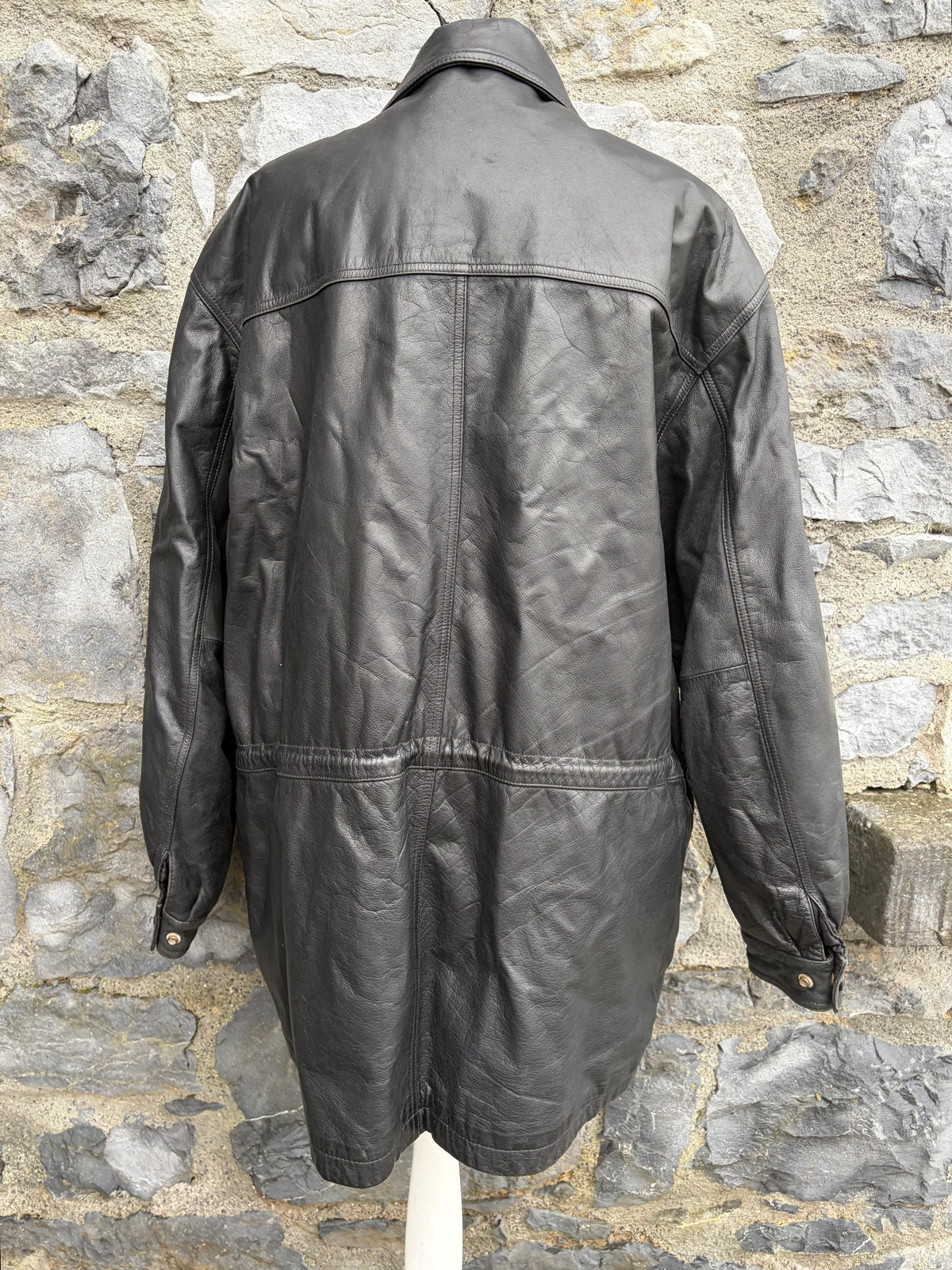 90s black leather long jacket Large