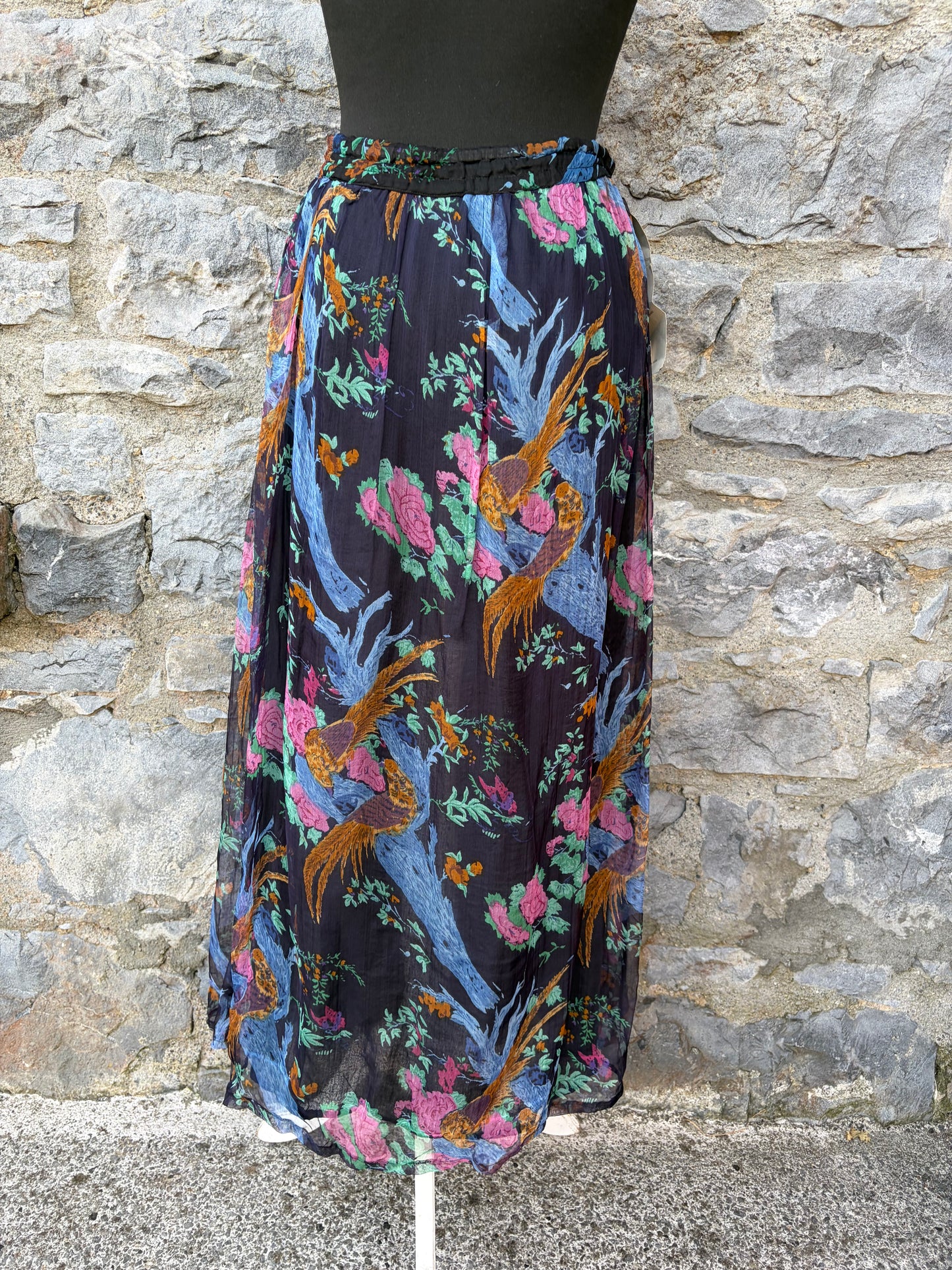 90s multicolor bird&flowers black skirt uk 12-16