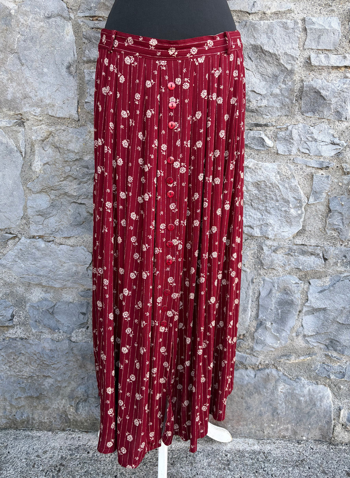 90s maroon floral button up skirt uk 14