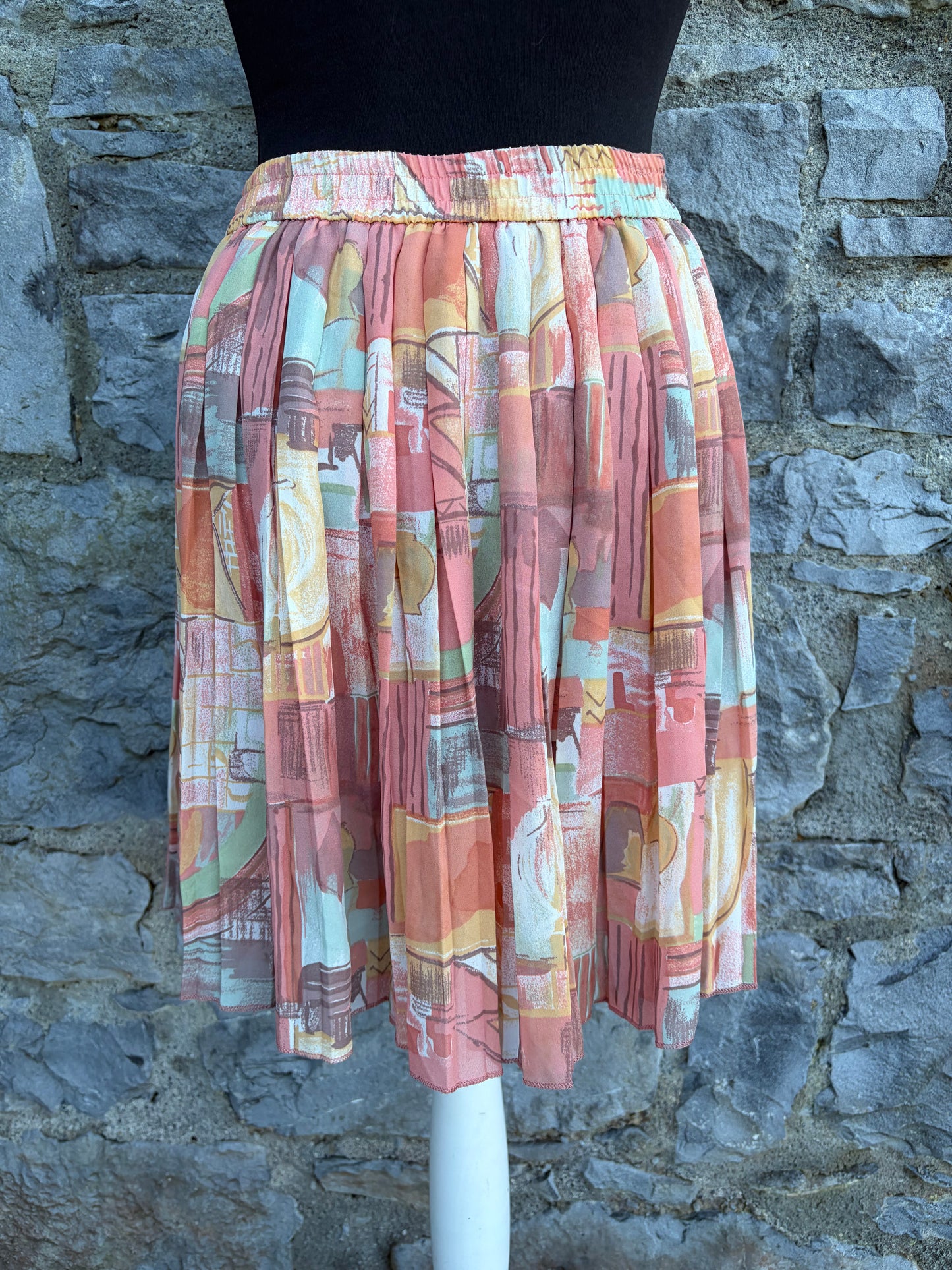 80s peach abstract pleated skirt uk 8