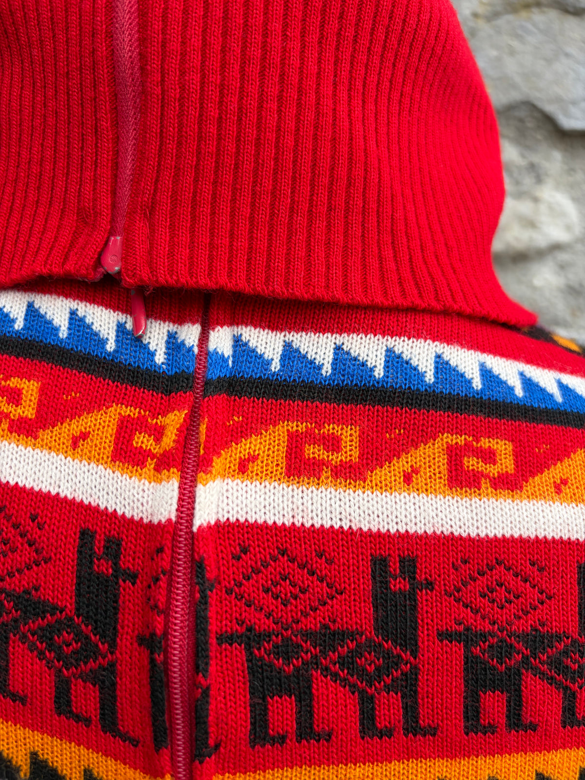 70s red geometric knit sweater dress  uk 6