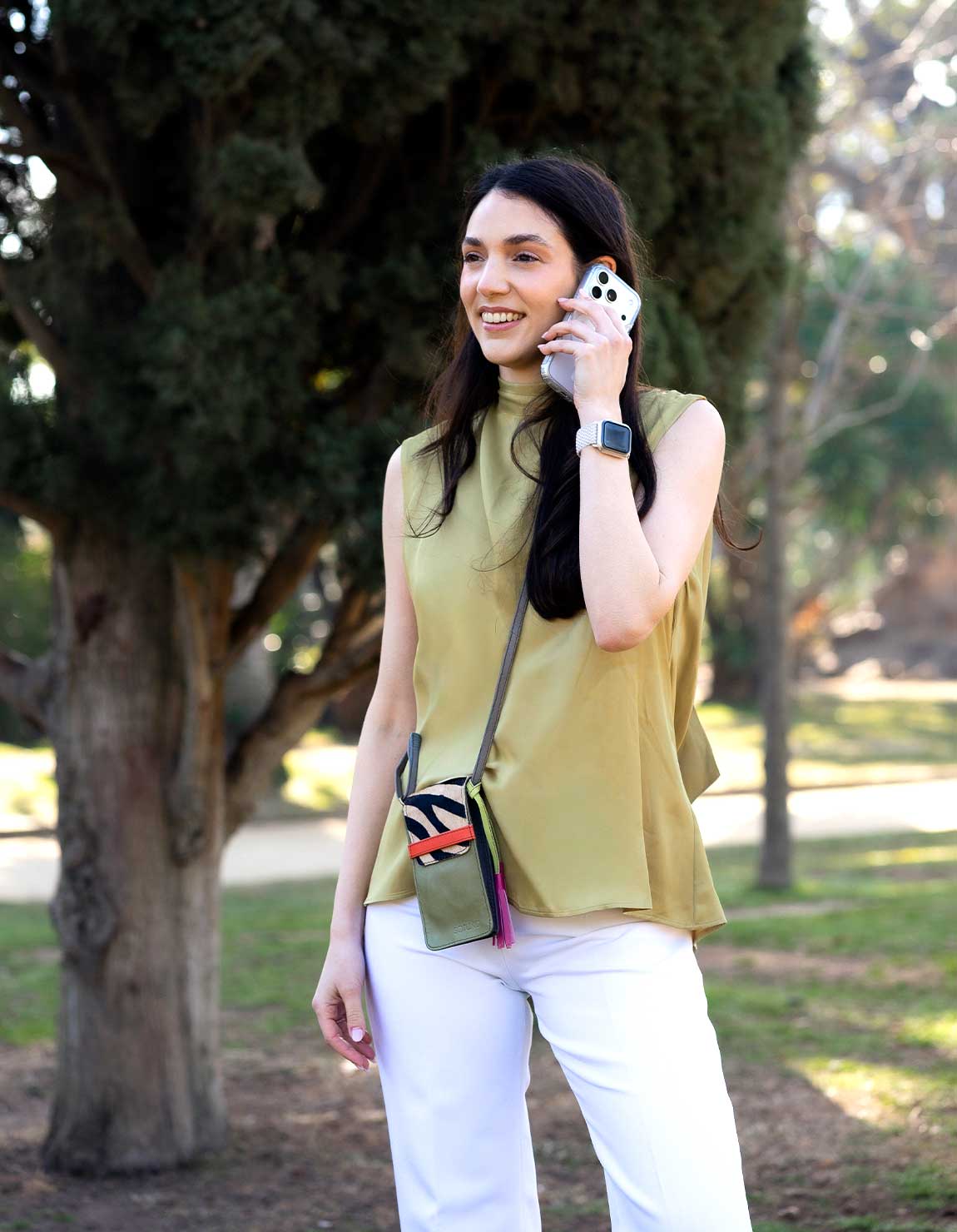 Green&beige small phone crossbody bag