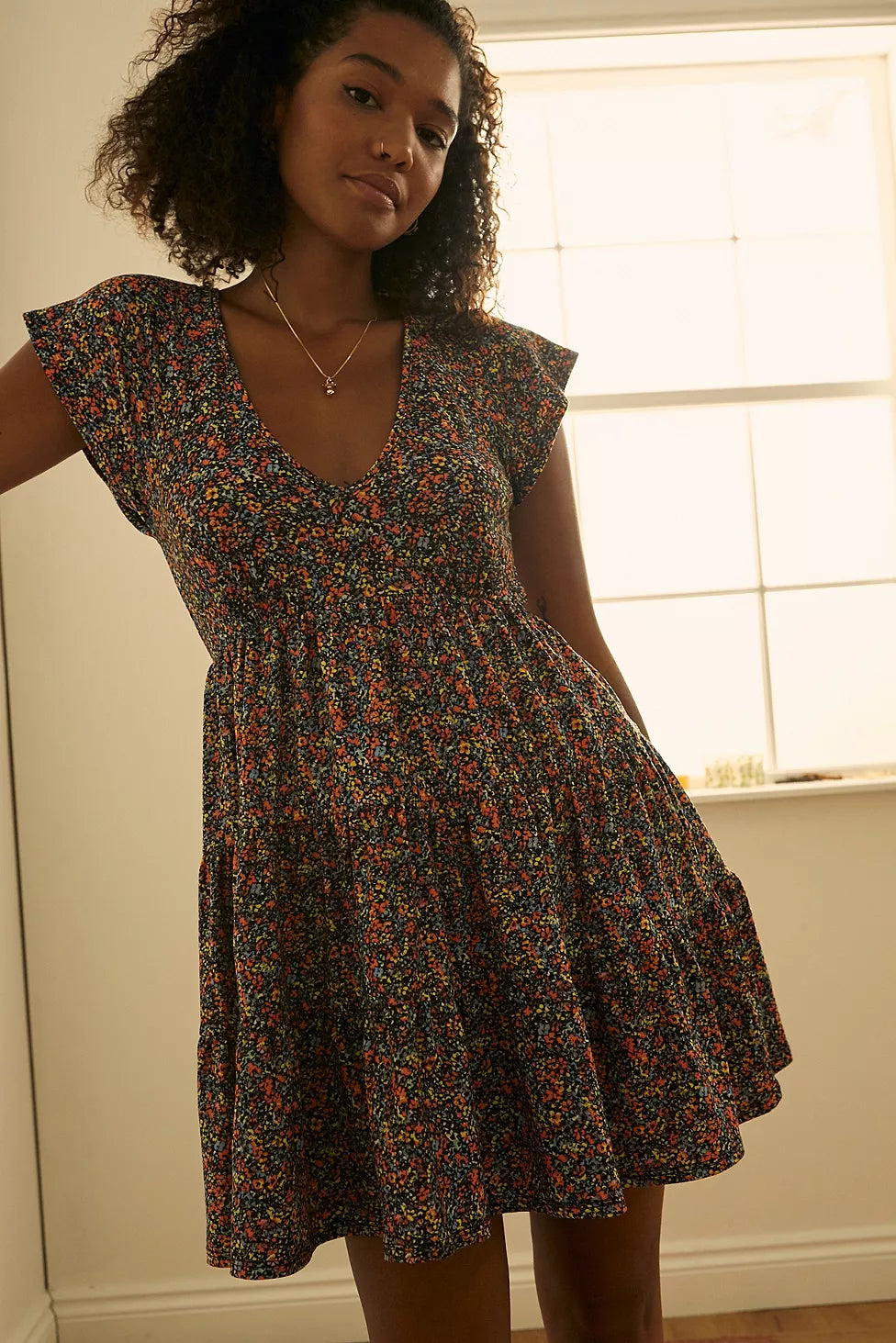 Black Julia Floral Short Sleeve Mini Dress uk 8-10